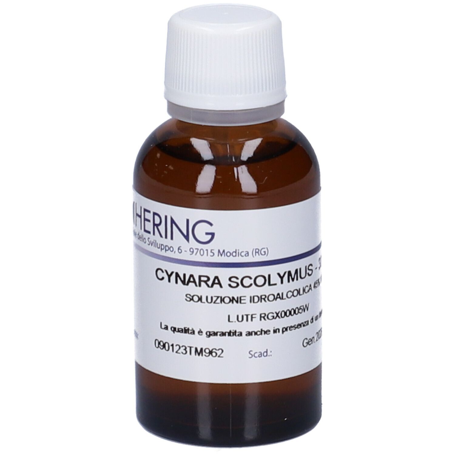 Flacone in vetro ambrato con tappo a vite bianco, etichetta con informazioni sul prodotto, 30 ml.