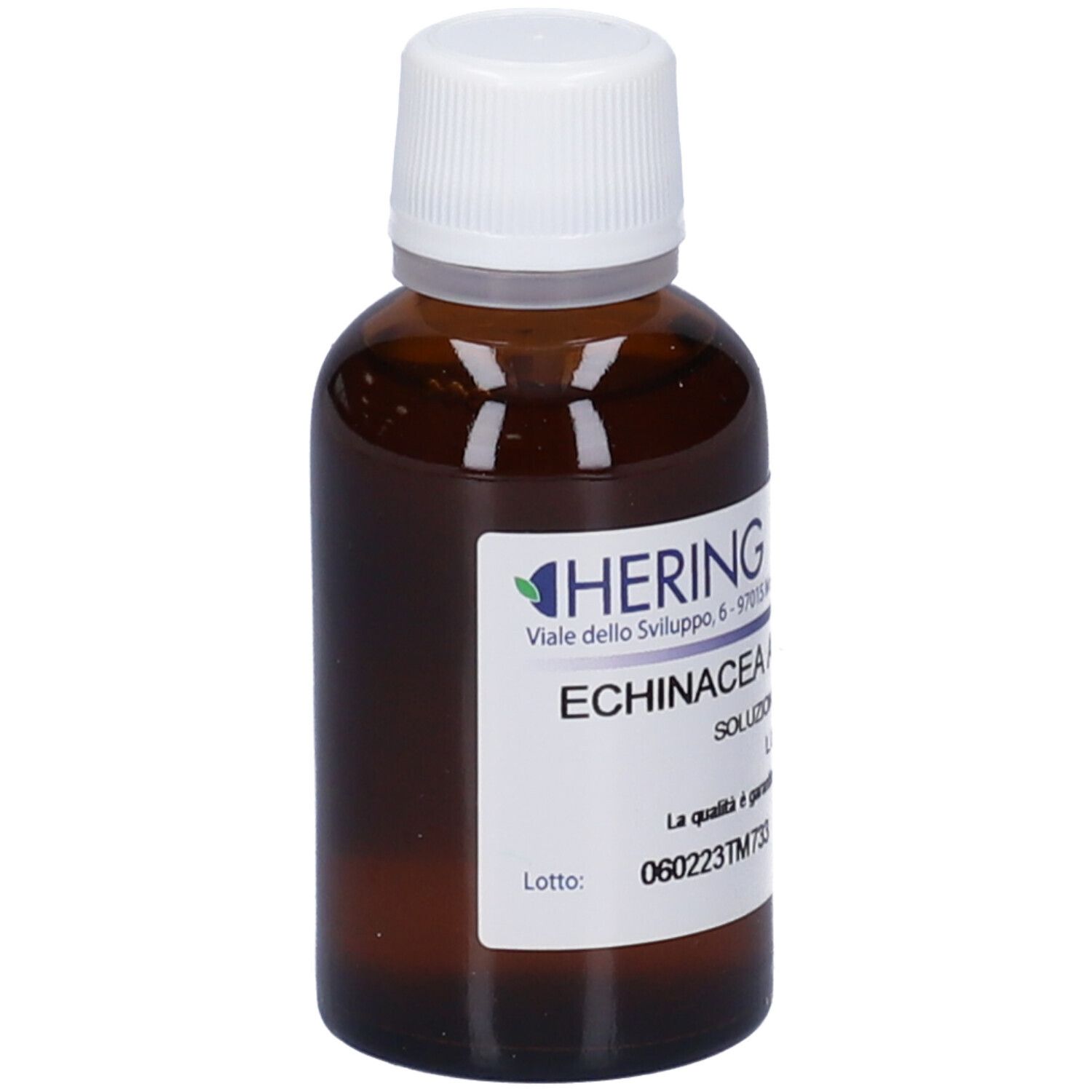 Flacone di vetro marrone con tappo bianco. Etichetta con nome del prodotto e informazioni. Logo del produttore.