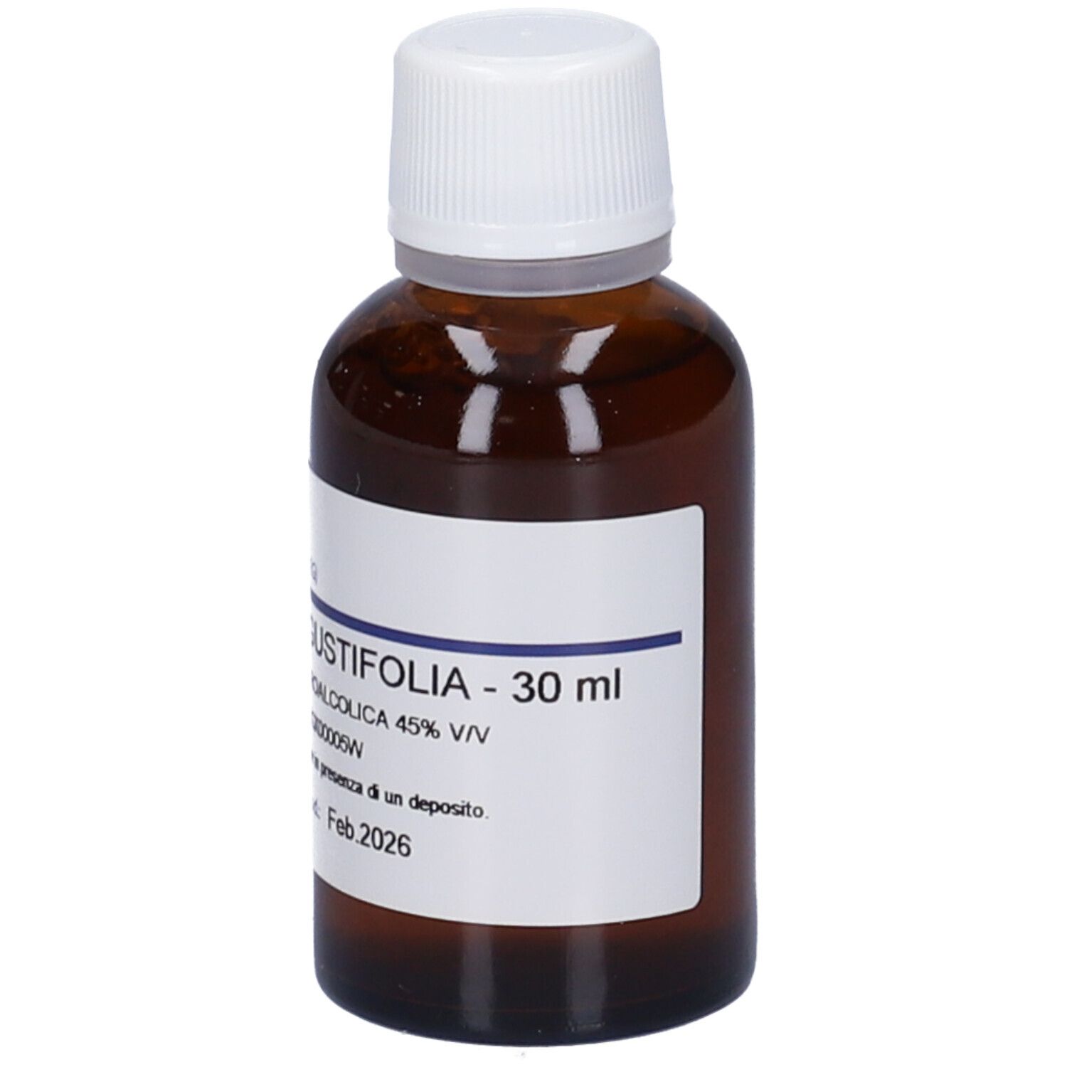 Flacone di vetro marrone con tappo bianco. Etichetta con nome del prodotto e volume: 30 ml.