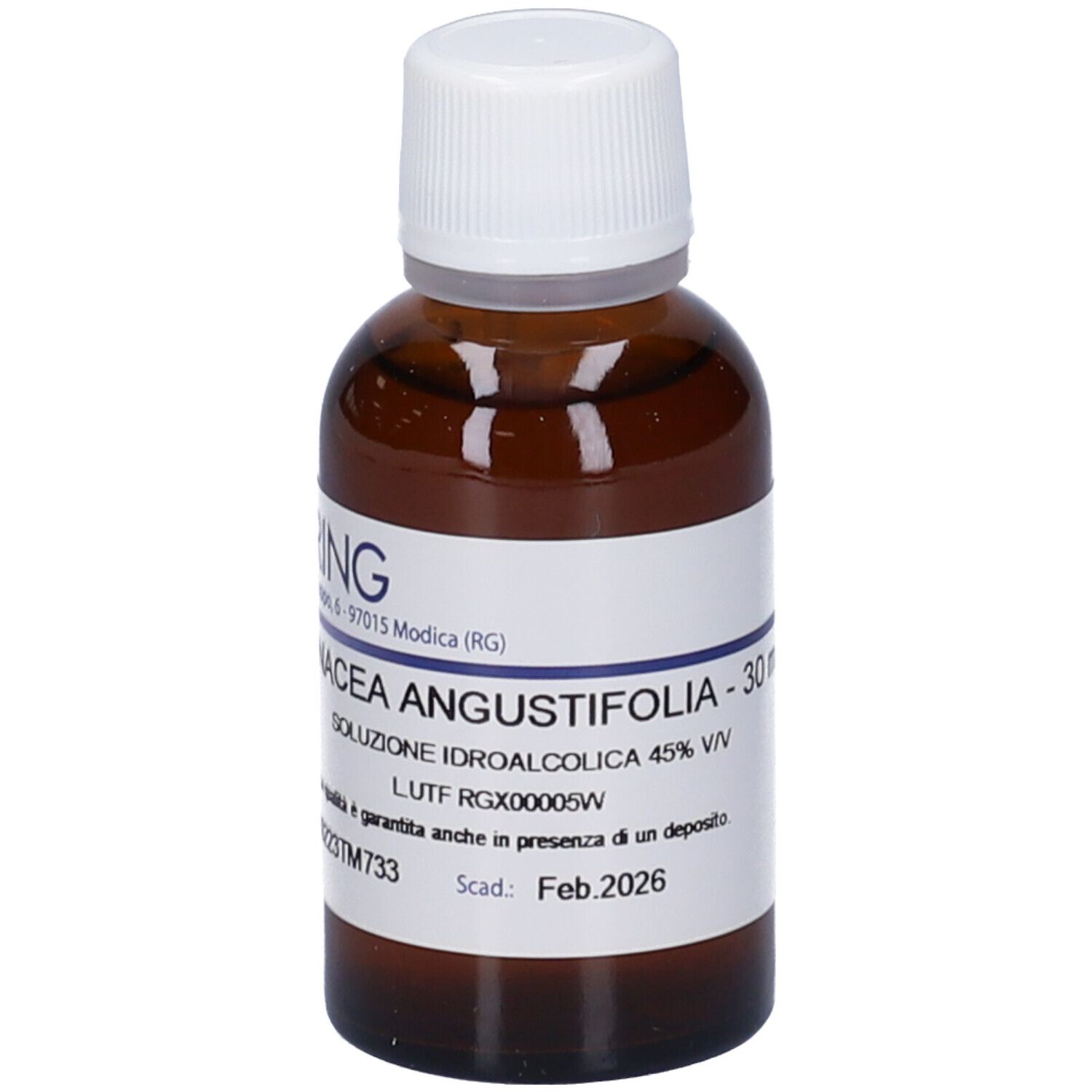 Flacone marrone con tappo bianco. Etichetta con nome, volume e informazioni. Scadenza: Feb. 2026.