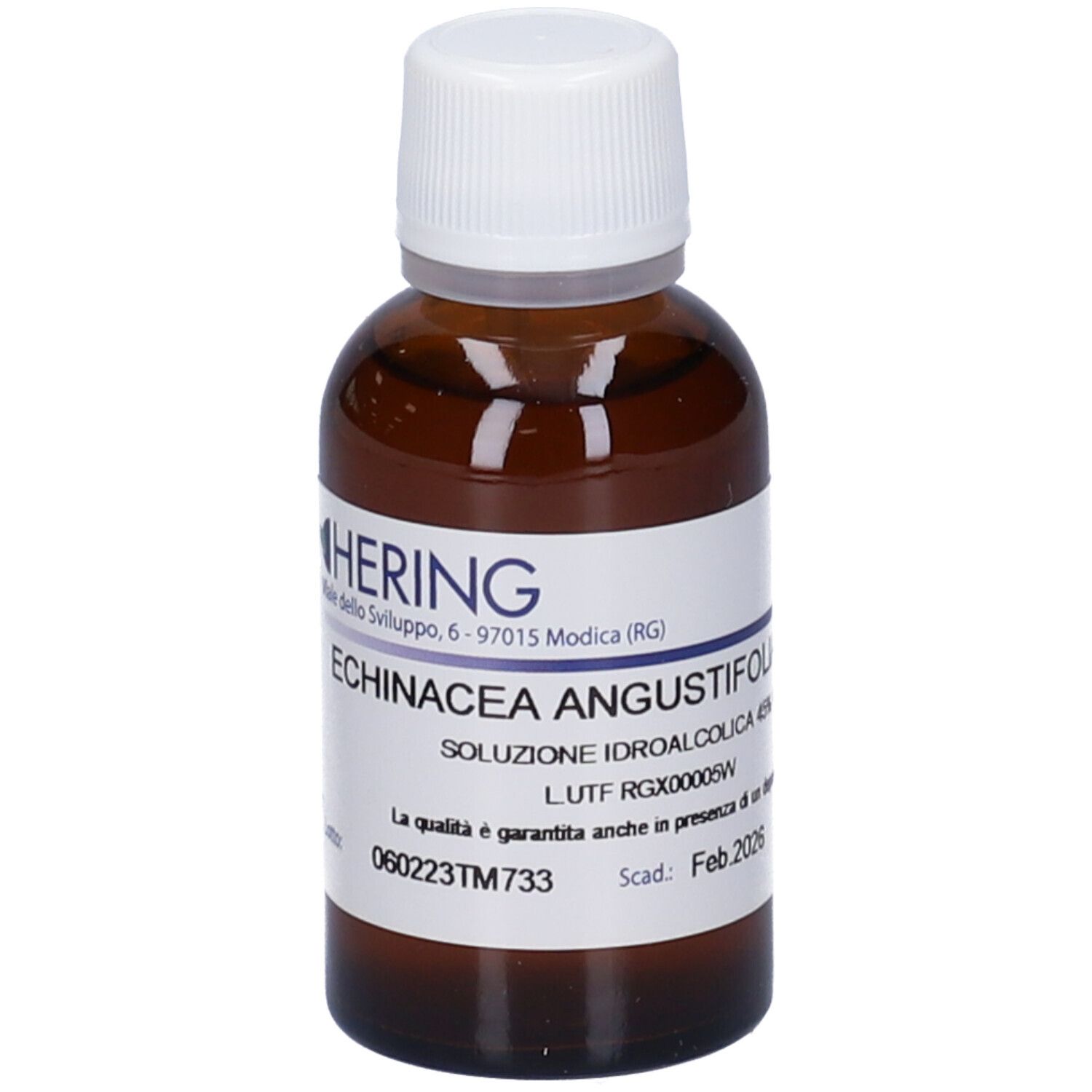 Flacone di vetro marrone con tappo bianco. Etichetta con nome del prodotto e informazioni. Scadenza: Feb. 2026.