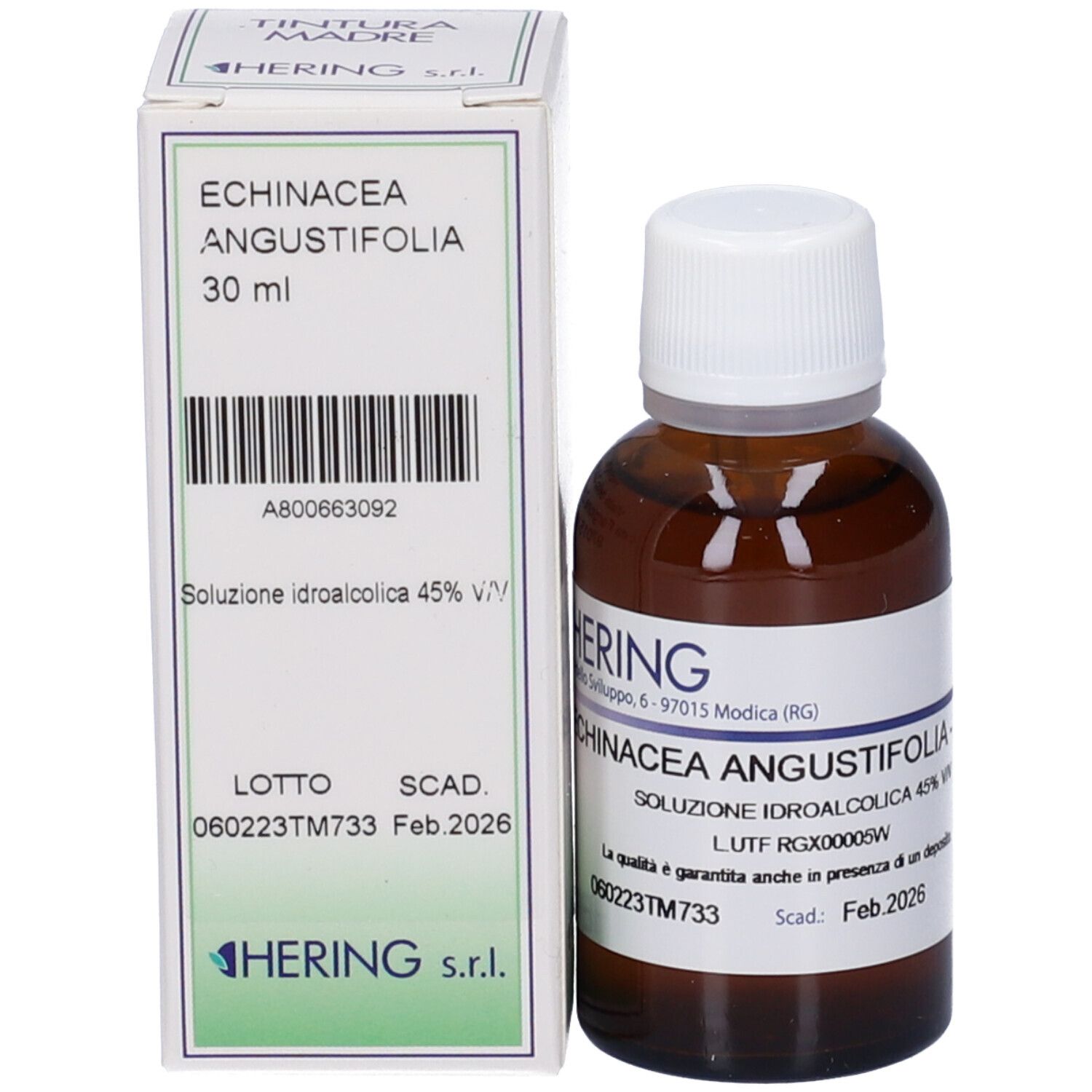 Flacone di vetro marrone e confezione in cartone. Flacone con tappo bianco ed etichetta. Scatola con nome e informazioni.