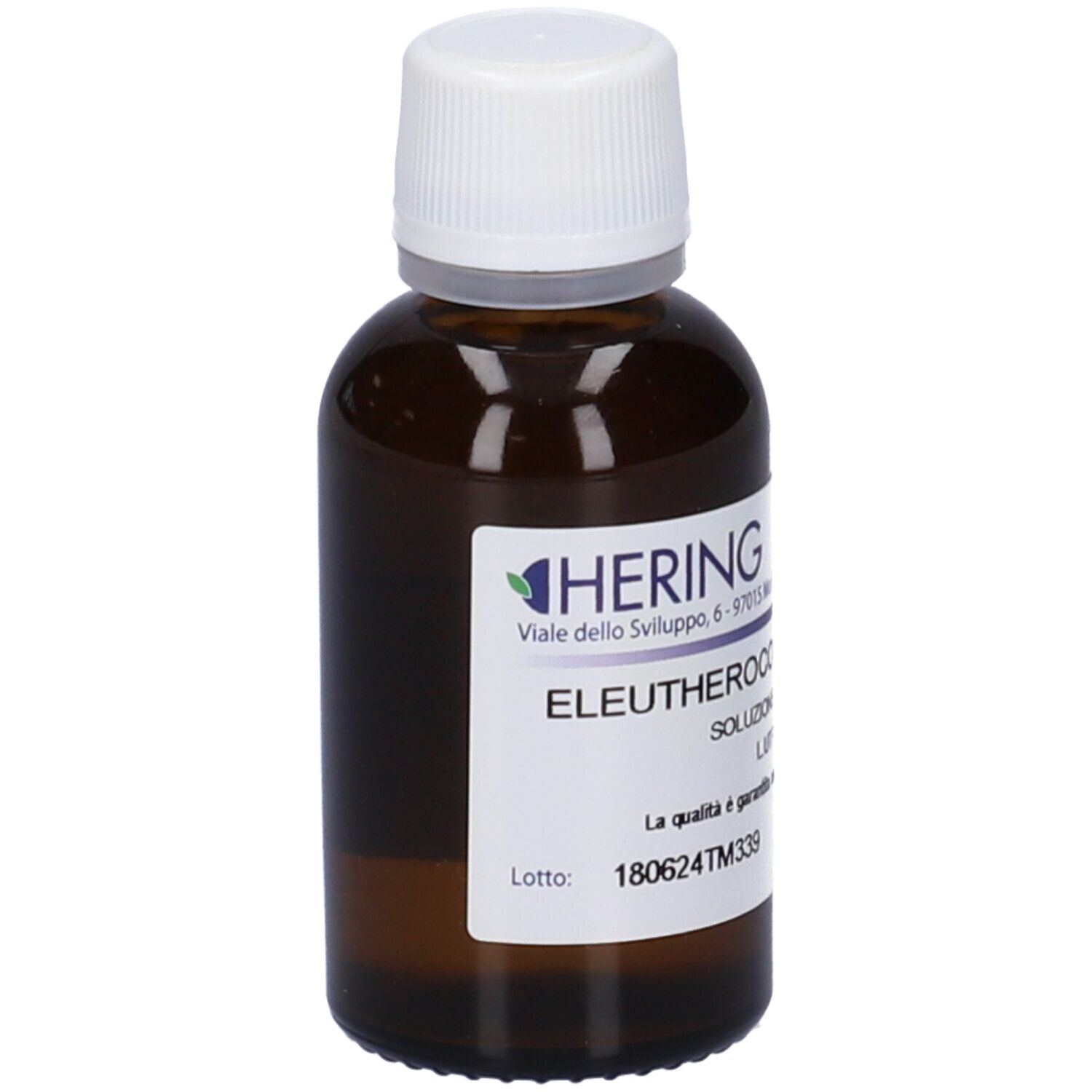 Flacone di vetro marrone con tappo bianco ed etichetta. Scritta: HERING, Eleutherococcus, soluzione. Logo.