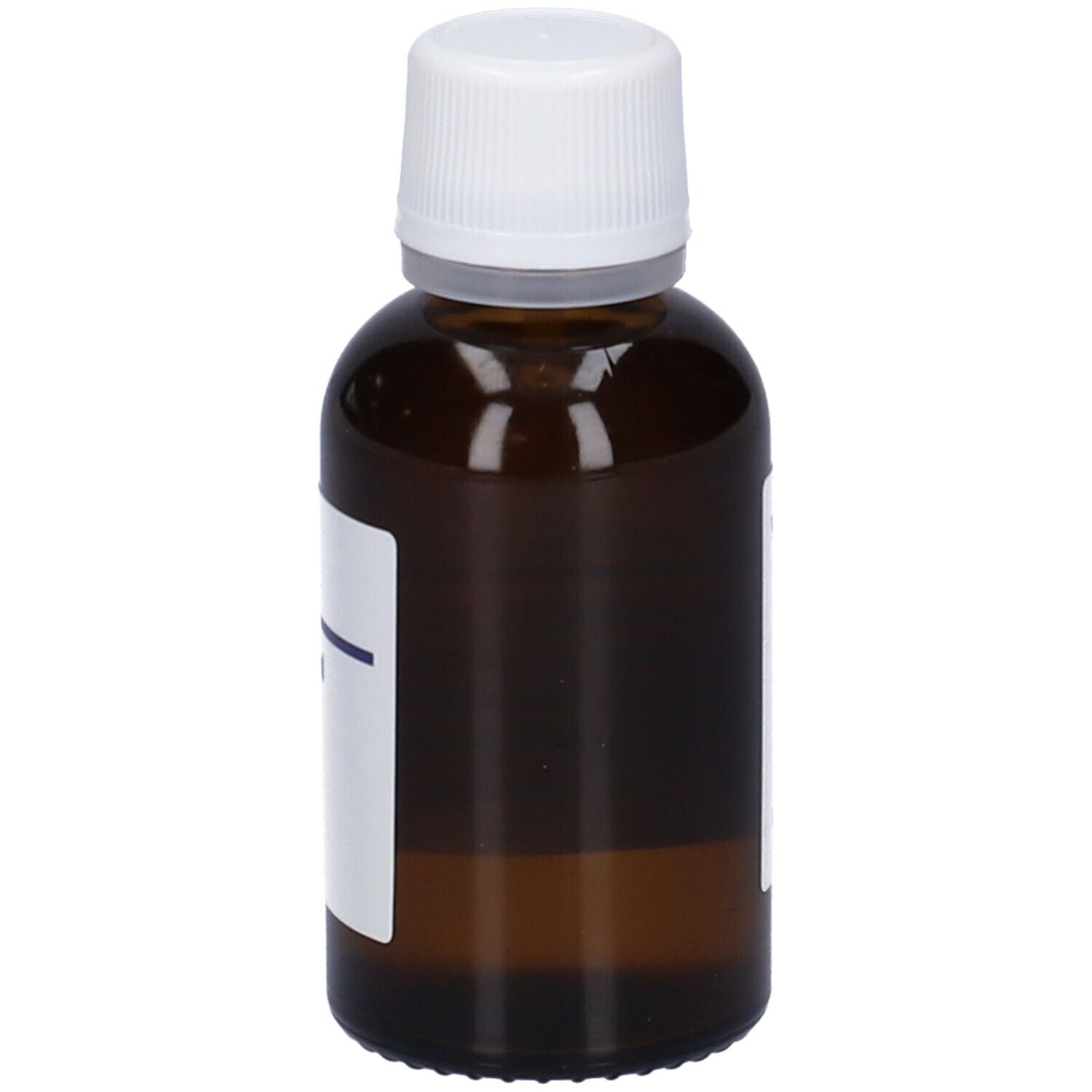 Flacone di vetro marrone con tappo bianco ed etichetta. Etichetta con testo parzialmente coperto. Flacone in piedi.