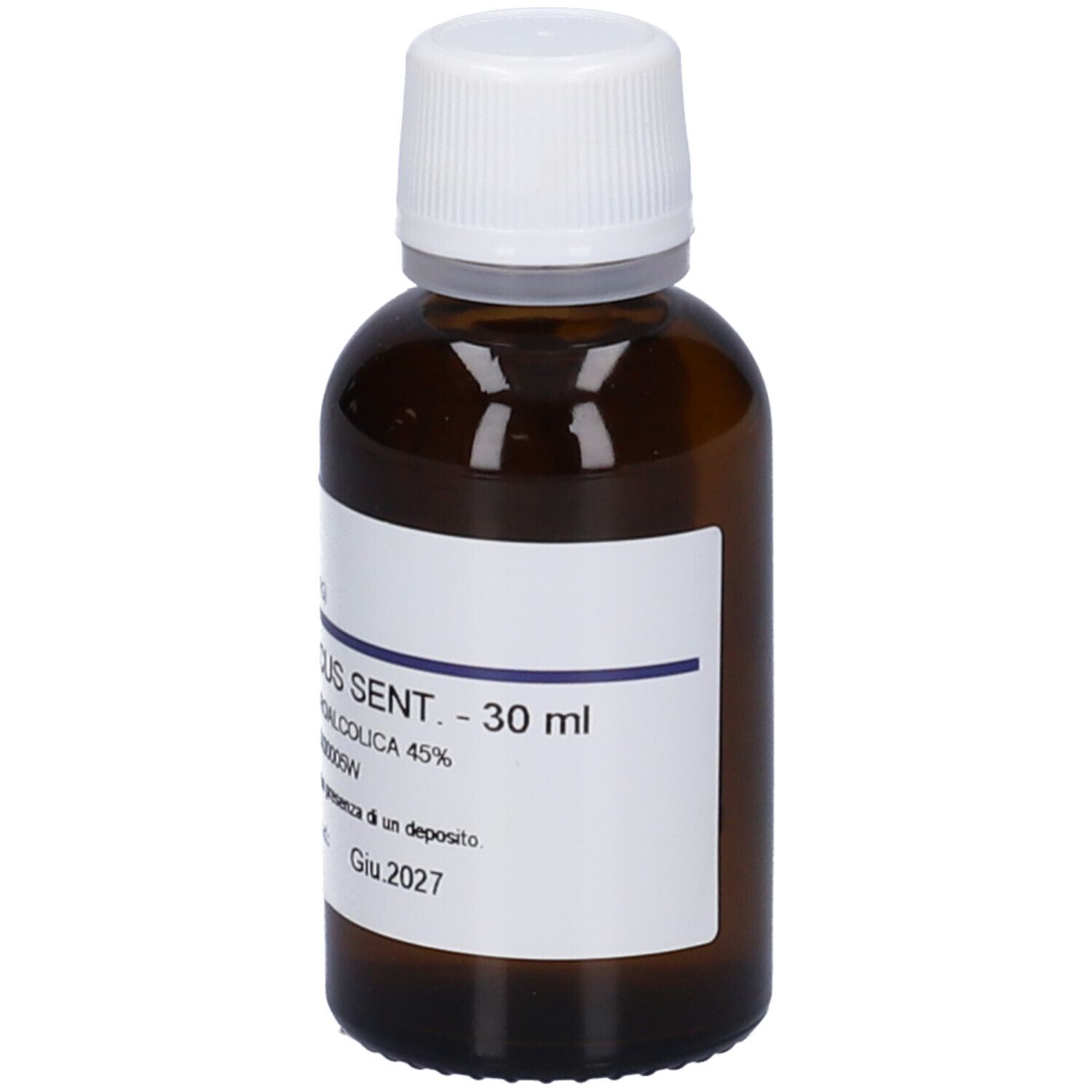 Flacone di vetro marrone con tappo bianco ed etichetta. Scritta: Eleutherococcus Sent. 30 ml, soluzione.