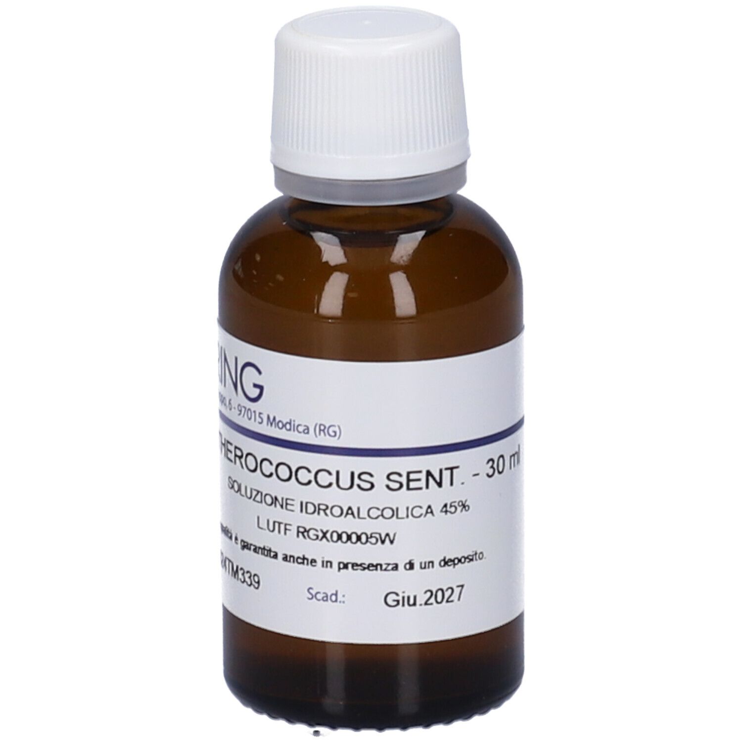 Flacone di vetro marrone con tappo bianco ed etichetta. Scritta: Eleutherococcus Sent. 30 ml, soluzione.