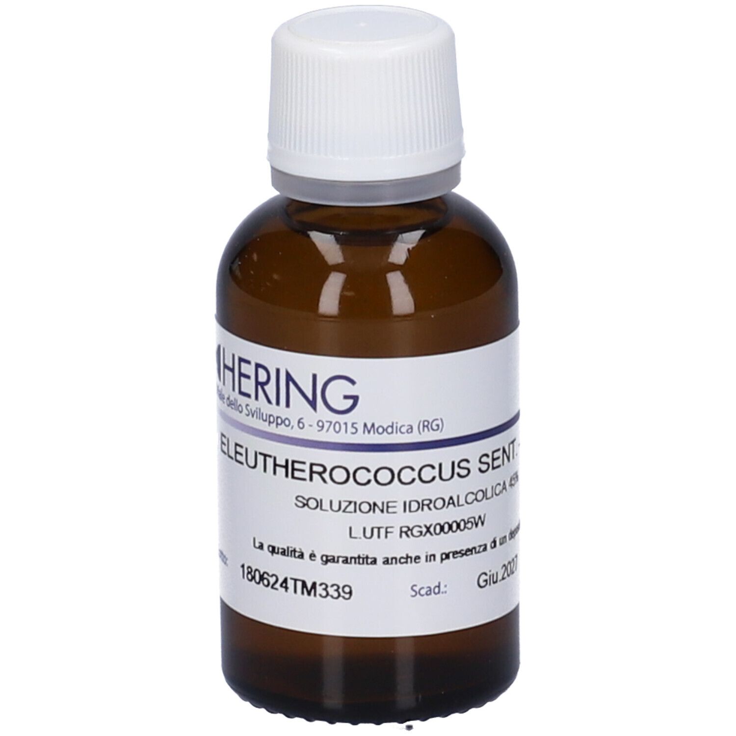 Flacone di vetro marrone con tappo bianco ed etichetta. Scritta: HERING, Eleutherococcus Sent. Soluzione.