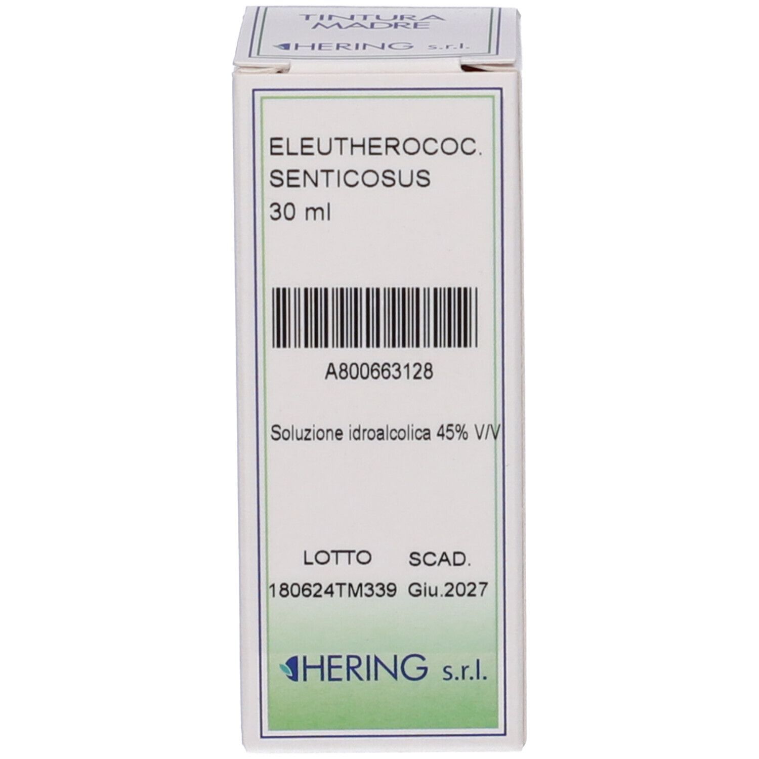Confezione bianca con testo e codice a barre. Scritta: Eleutherococcus Senticosus 30 ml.