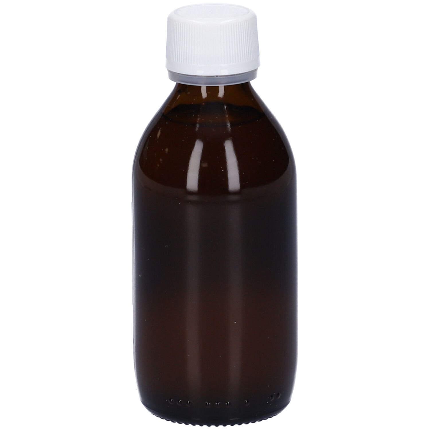 Flacone di vetro marrone con tappo bianco. Nessuna etichetta visibile.