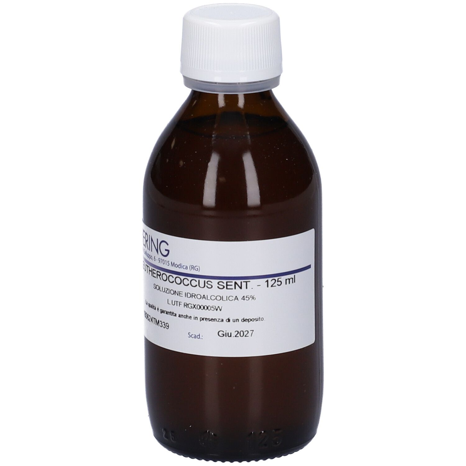 Flacone di vetro marrone con tappo bianco. Etichetta con informazioni sul prodotto. HERING Eleutherococcus SENT 125 ml.