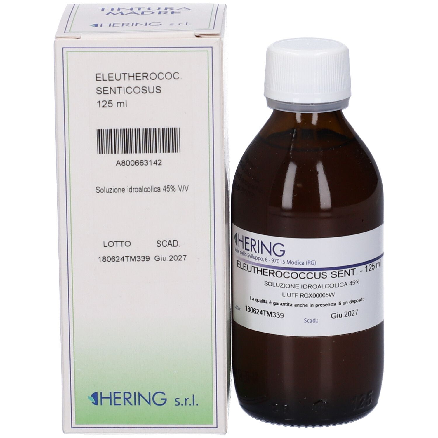 Flacone di vetro marrone con tappo bianco e scatola. Scatola con informazioni sul prodotto. HERING Eleutherococcus SENT 125 ml.