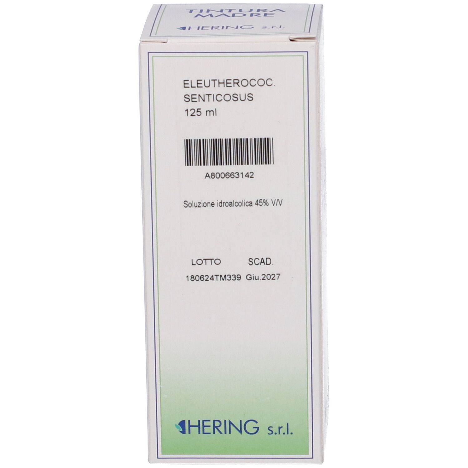 Scatola con informazioni sul prodotto. HERING Eleutherococcus SENT 125 ml.