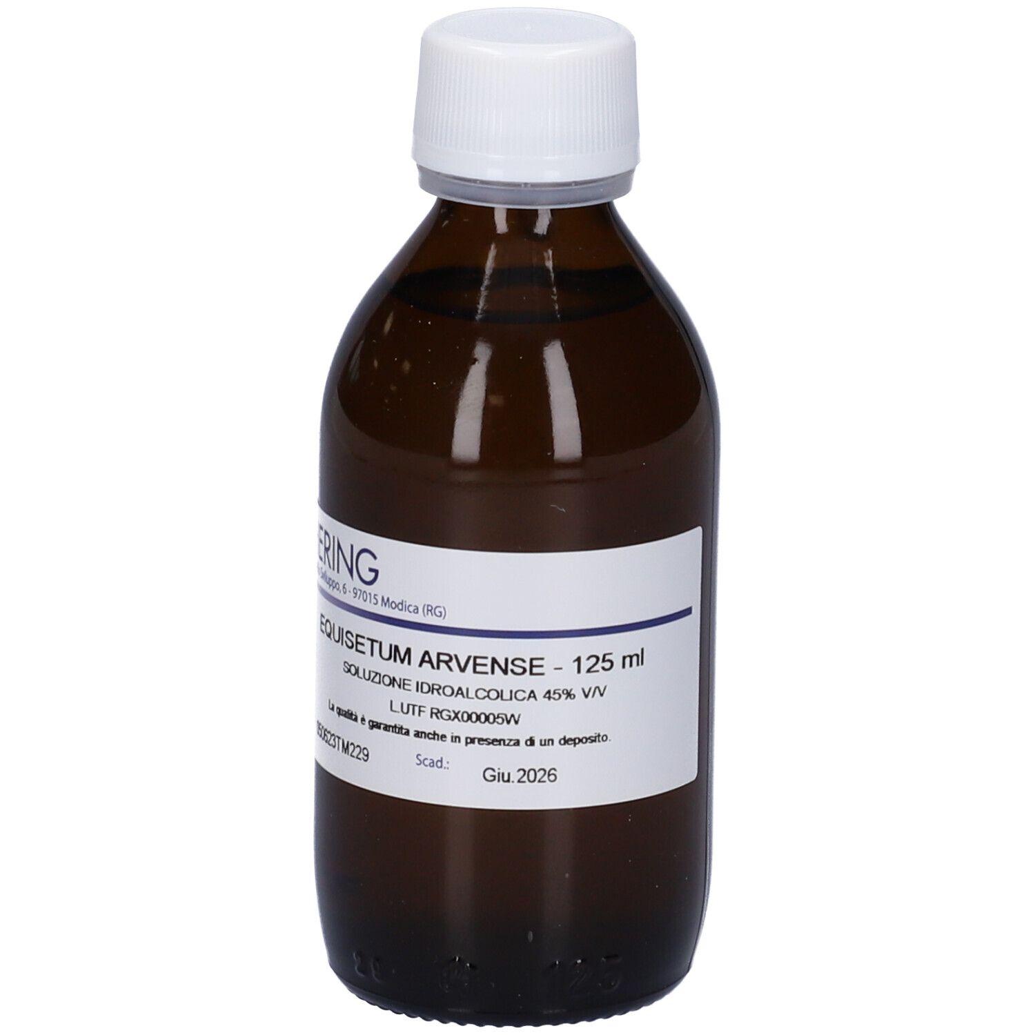 Flacone di vetro marrone con tappo bianco. Etichetta con testo: Equisetum Arvense, 125 ml, soluzione.