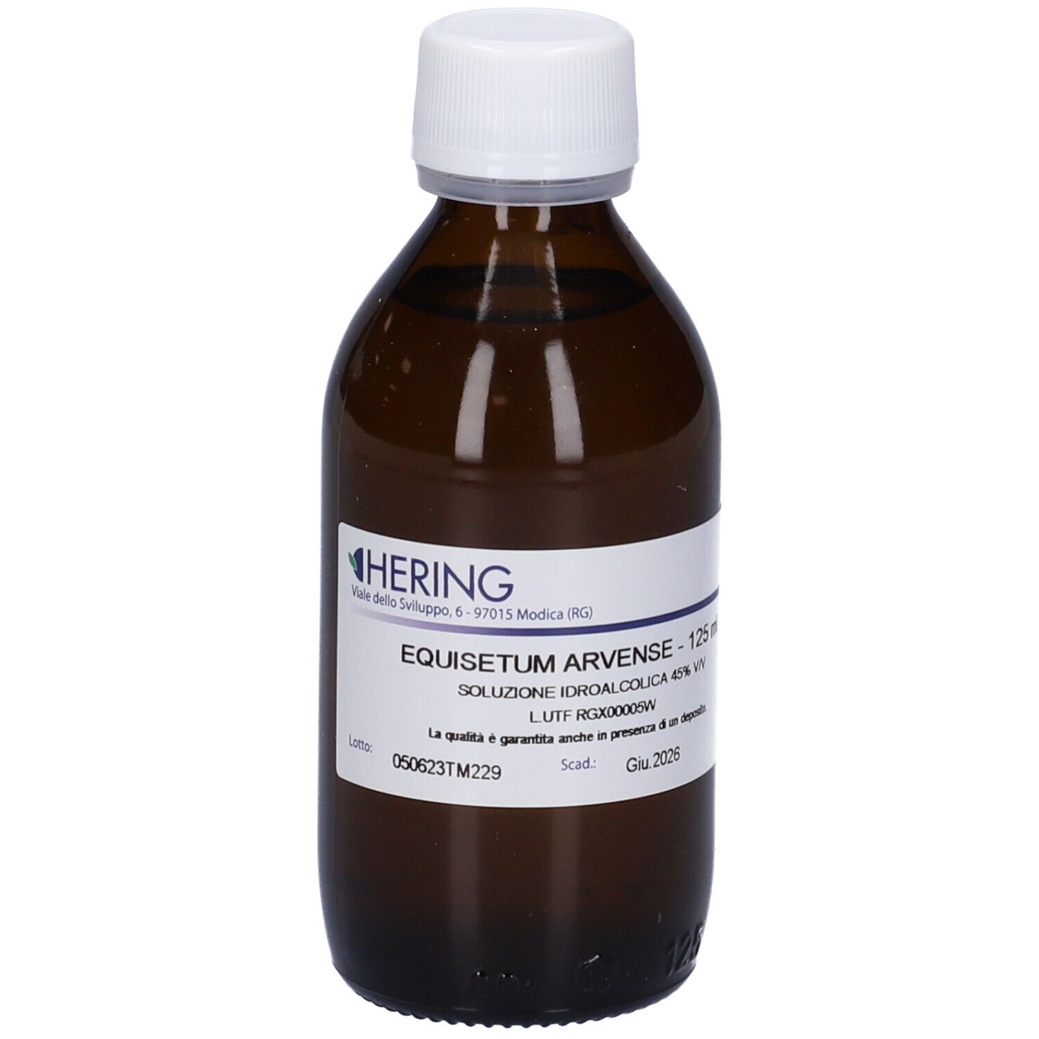 Flacone di vetro marrone con tappo bianco. Etichetta con testo: Equisetum Arvense, 125 ml, soluzione.