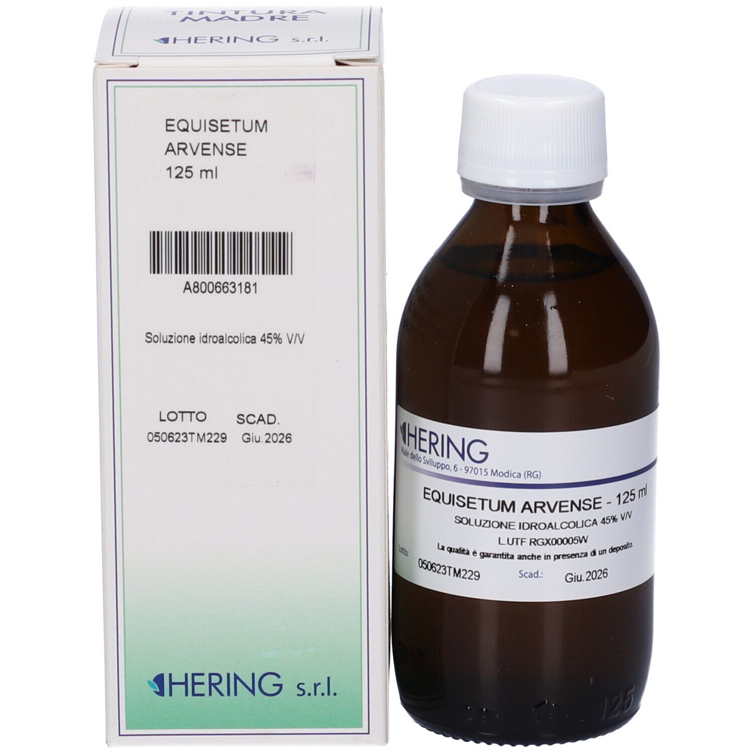 Flacone di vetro marrone e scatola. Sul flacone: Equisetum Arvense, 125 ml. Sulla scatola: nome prodotto, 125 ml.