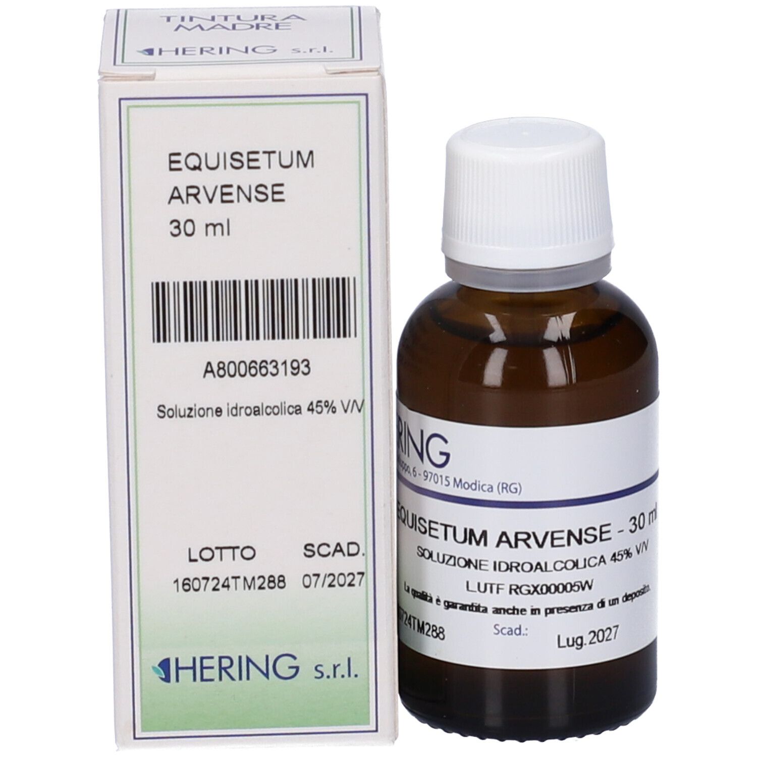 Confezione e flacone in vetro ambrato affiancati, entrambi con etichette che mostrano 'Equisetum Arvense 30 ml'.