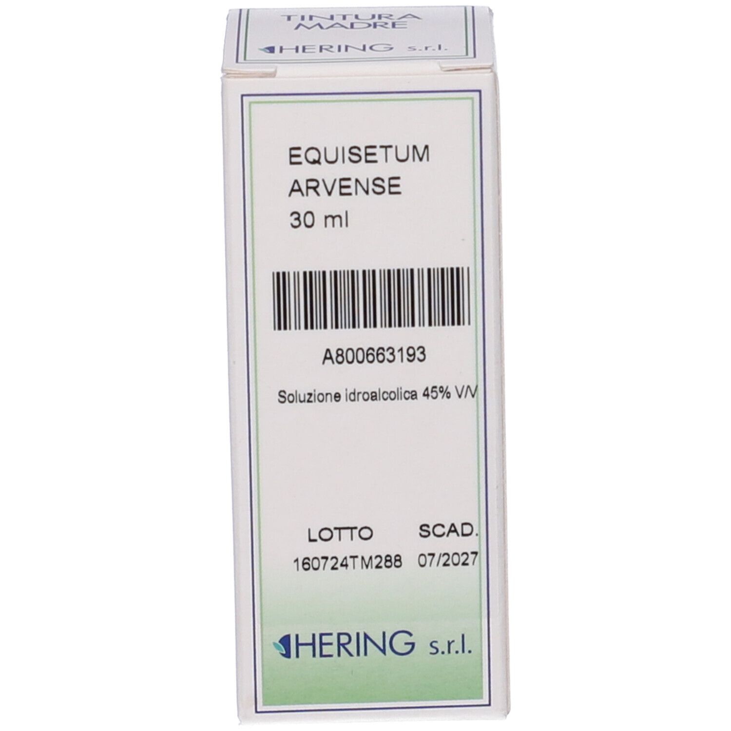 Primo piano della confezione del prodotto con etichetta che mostra 'Equisetum Arvense 30 ml' e codice a barre.