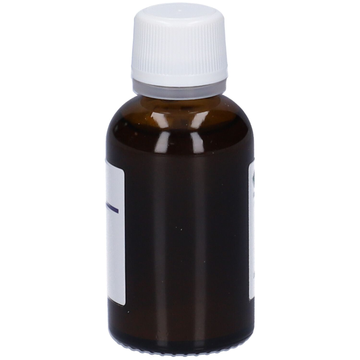 Flacone di vetro marrone con tappo bianco ed etichetta. Etichetta con testo, parzialmente coperta.