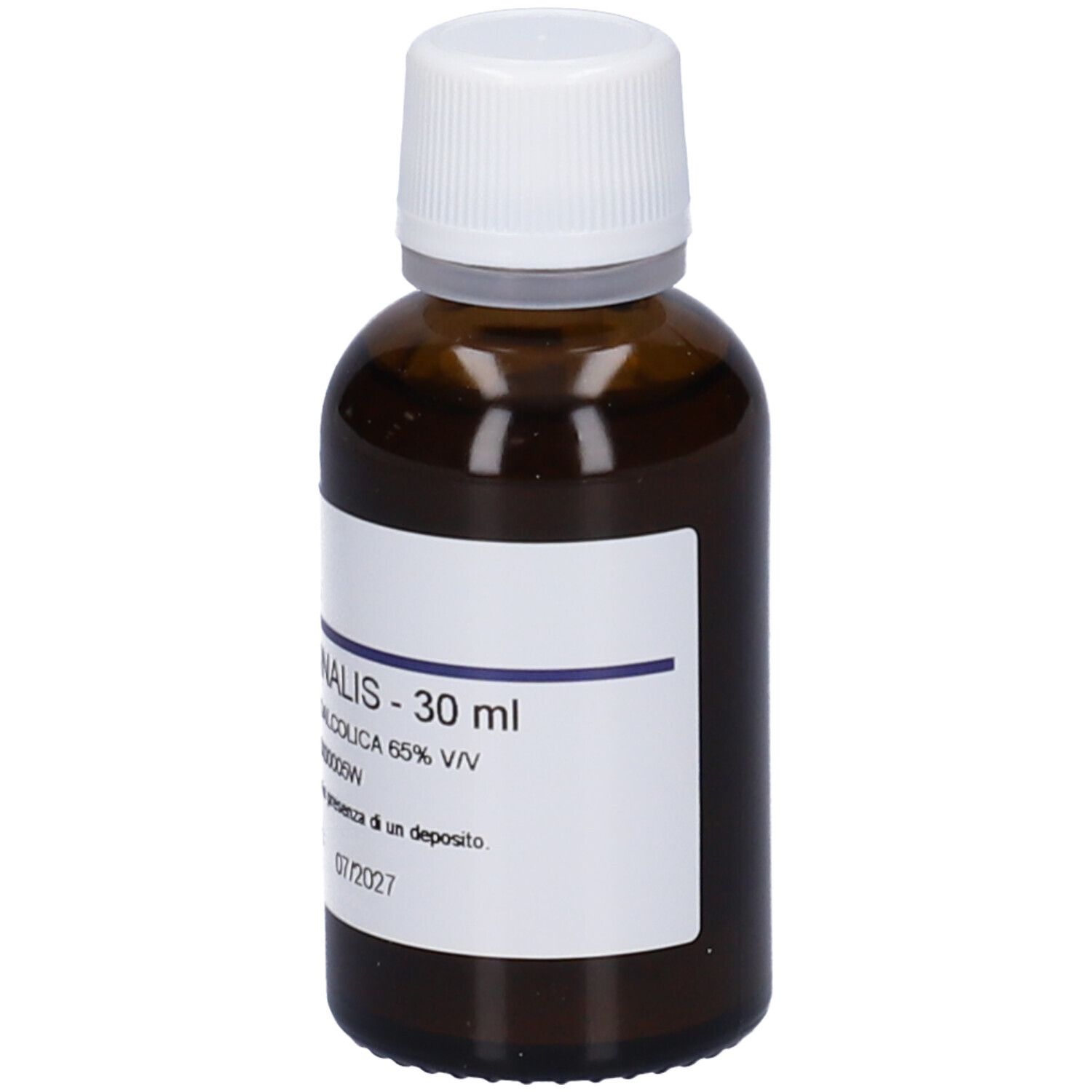 Flacone di vetro marrone con tappo bianco ed etichetta. Scritta: Erisimo Officinalis - 30 ml, soluzione.