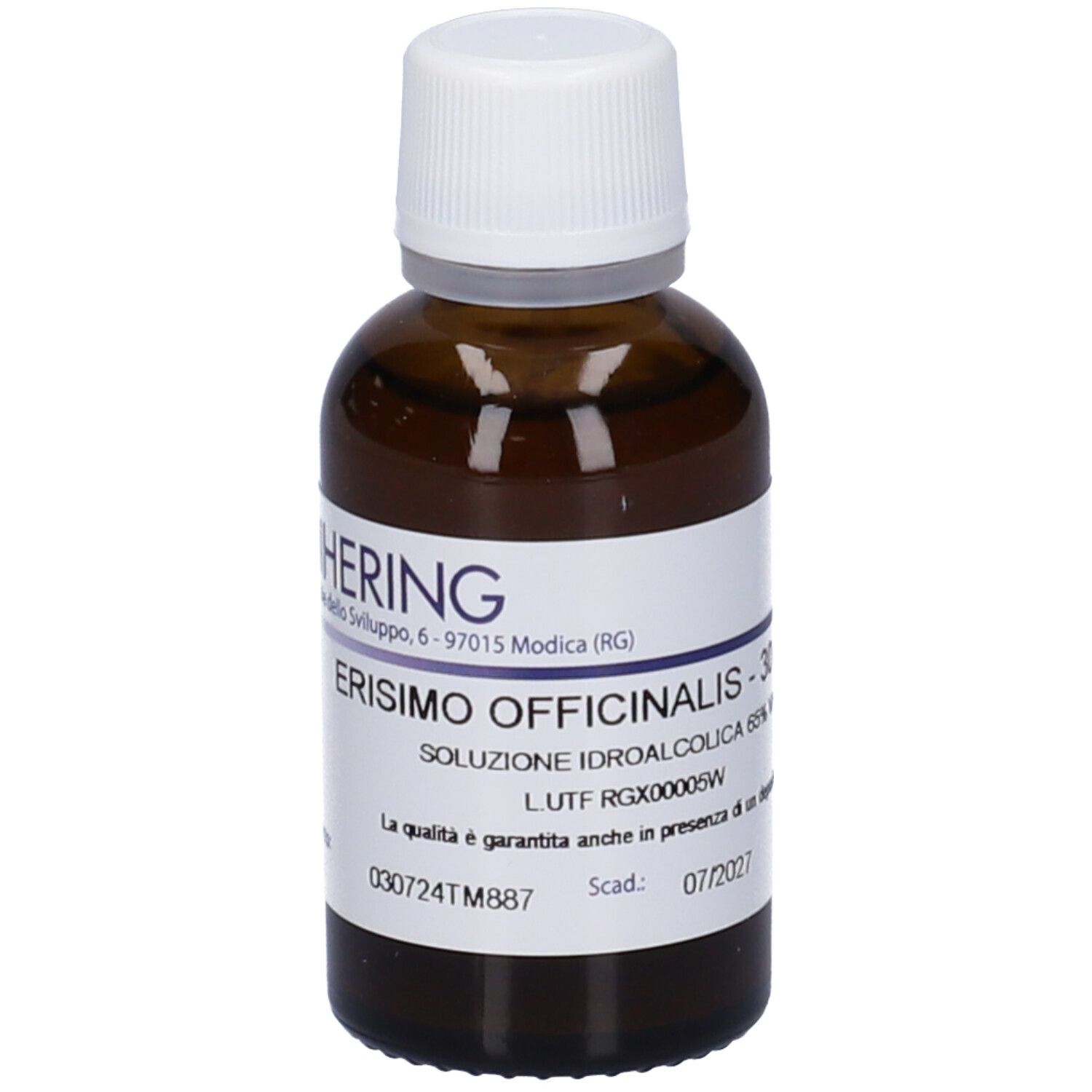 Flacone di vetro marrone con tappo bianco ed etichetta. Scritta: HERING, Erisimo Officinalis - 30 ml, soluzione.