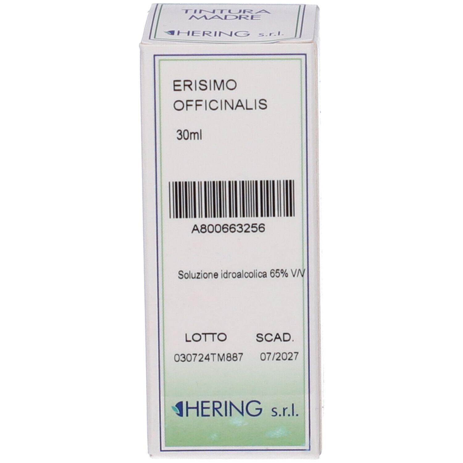Confezione bianca con testo e codice a barre. Scritta: Erisimo Officinalis, 30ml, HERING s.r.l.
