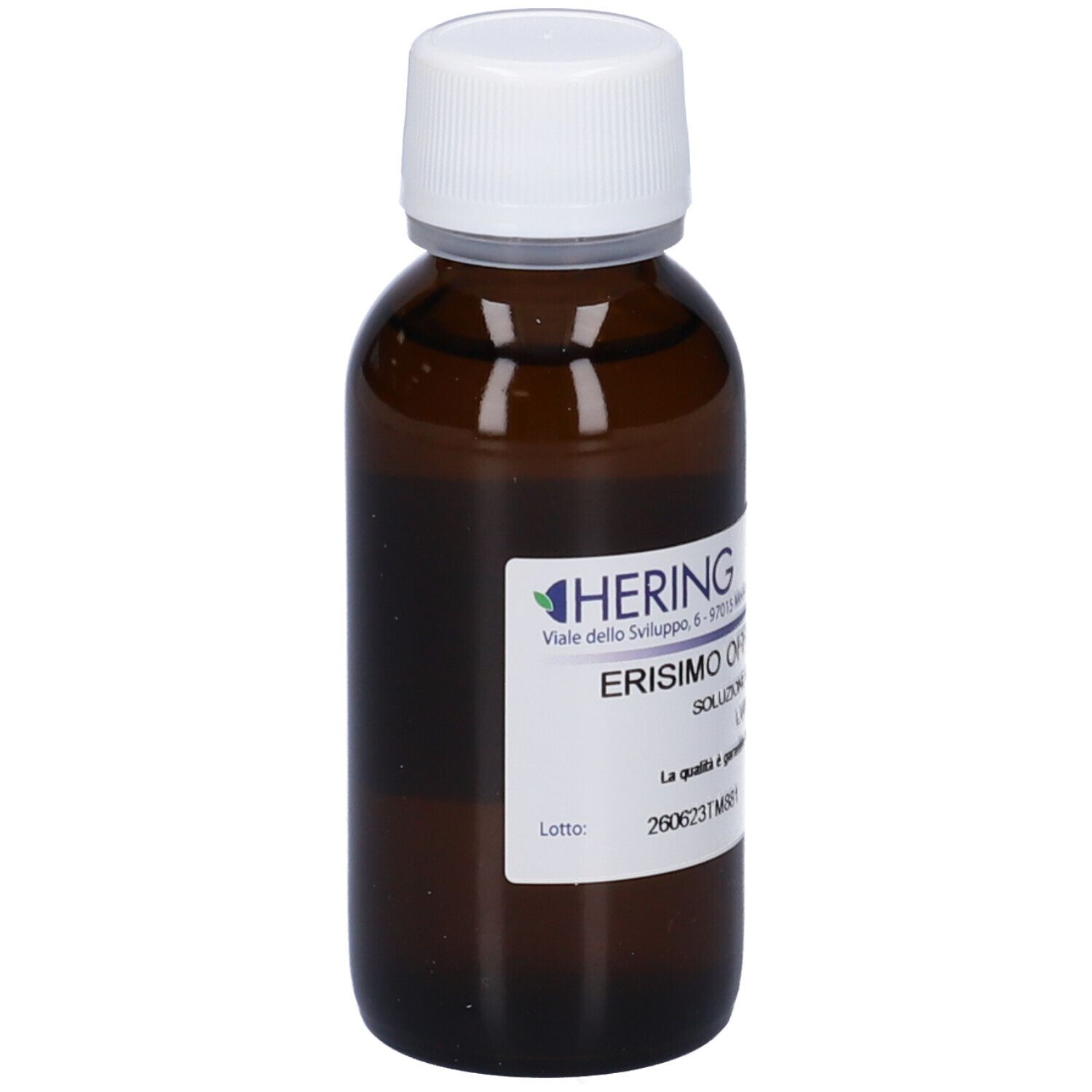 Flacone di vetro marrone con tappo bianco. Etichetta con informazioni sul prodotto. Logo HERING visibile.