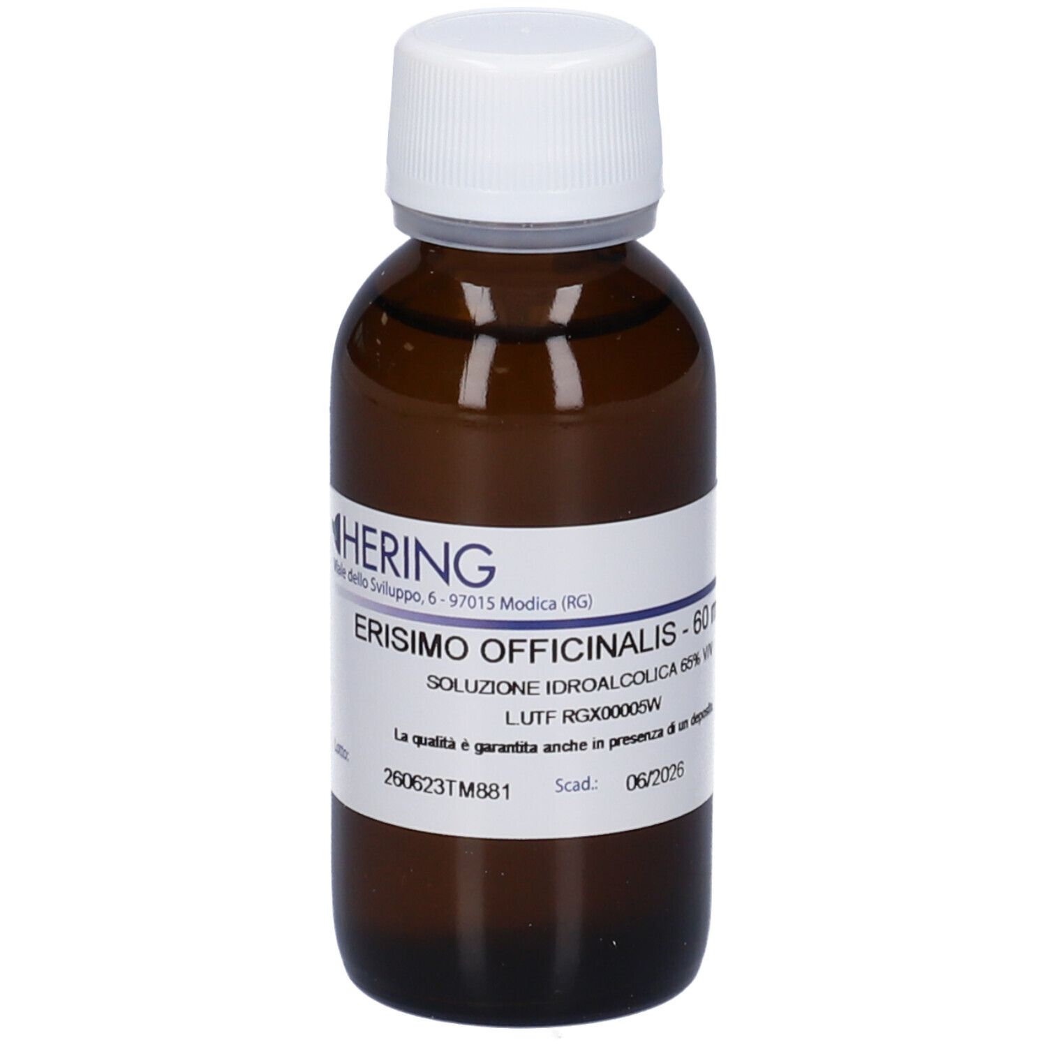 Flacone di vetro marrone con tappo bianco. Etichetta con informazioni sul prodotto. Logo HERING visibile.