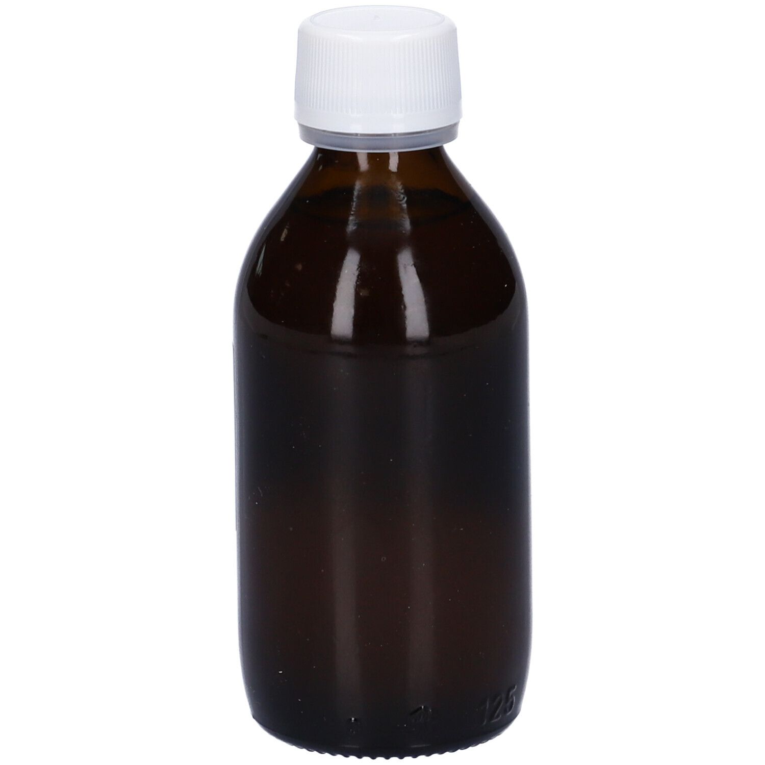 Flacone di vetro marrone con tappo bianco. Nessun dettaglio dell'etichetta visibile.