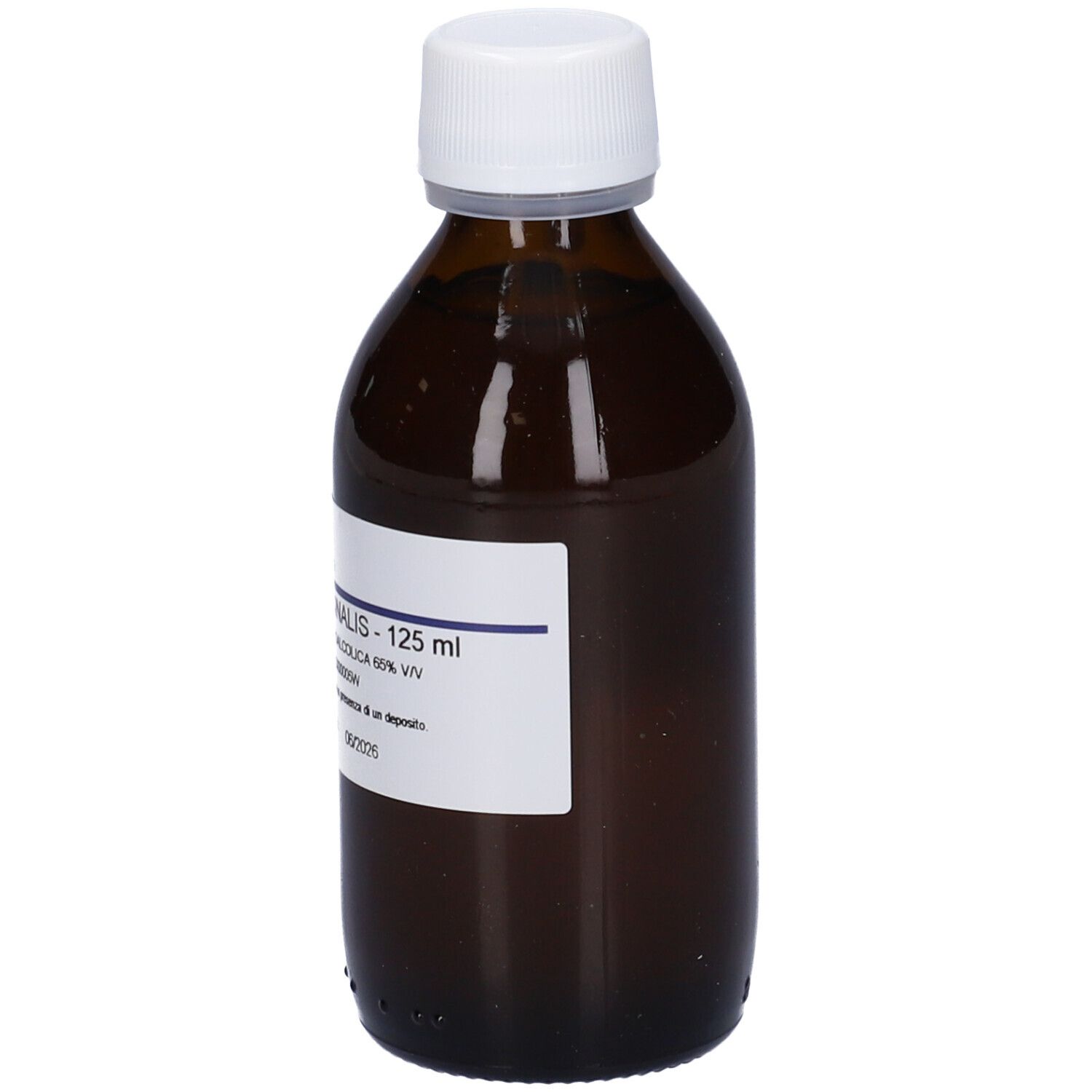 Flacone di vetro marrone con tappo bianco. Etichetta con testo: ERISIMO OFFICINALIS - 125 ml.