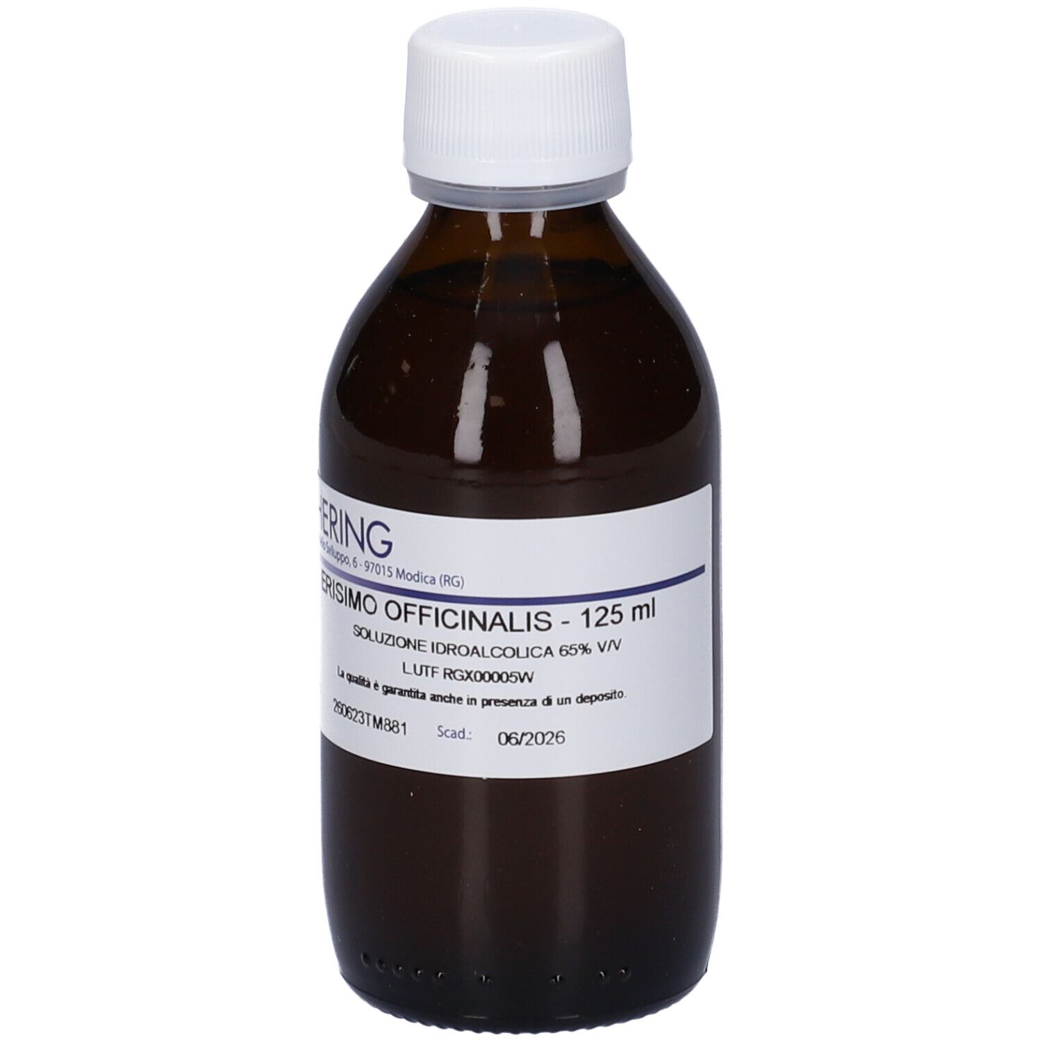 Flacone di vetro marrone con tappo bianco. Etichetta con testo: ERISIMO OFFICINALIS - 125 ml. Marchio HERING.