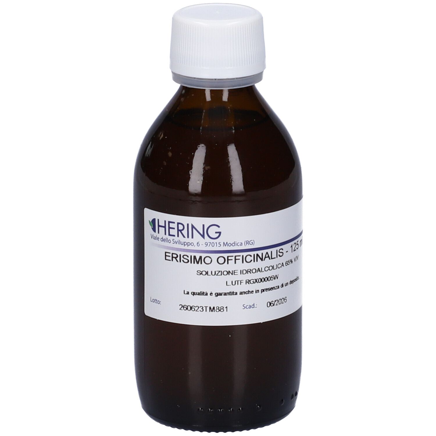Flacone di vetro marrone con tappo bianco. Etichetta con testo: ERISIMO OFFICINALIS - 125 ml. Marchio HERING.
