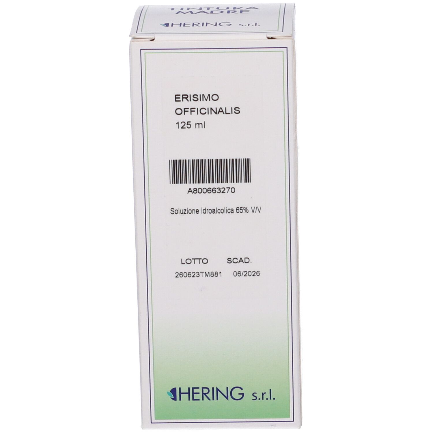 Scatola di cartone con testo: ERISIMO OFFICINALIS - 125 ml. Marchio HERING.