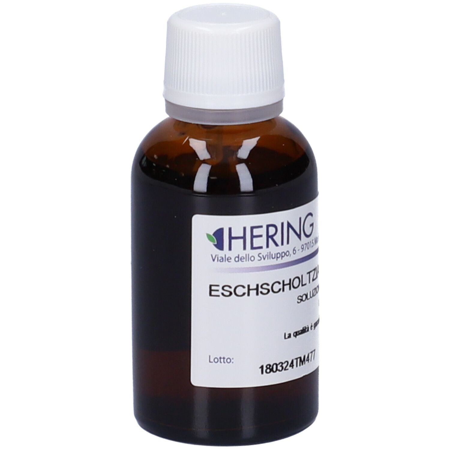 Flacone di vetro marrone con tappo bianco. Etichetta con nome del prodotto e informazioni del produttore. Nome prodotto: Eschscholtzia Californica.