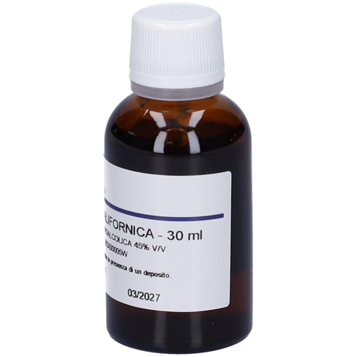 Flacone di vetro marrone con tappo bianco. Etichetta con nome del prodotto e volume: 30 ml. Data di scadenza: 03/2027.