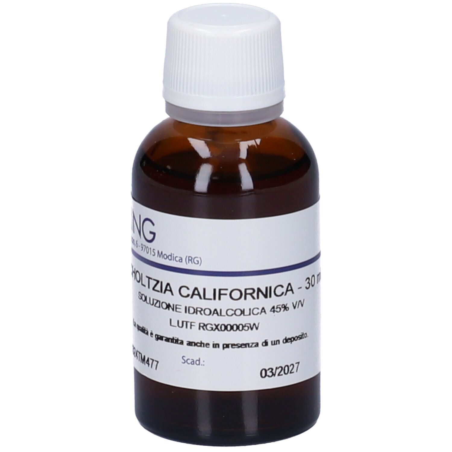 Flacone di vetro marrone con tappo bianco. Etichetta con nome del prodotto, volume: 30 ml e data di scadenza: 03/2027.