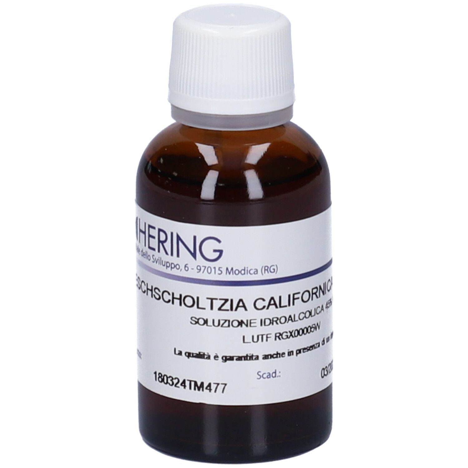 Flacone di vetro marrone con tappo bianco. Etichetta con nome del prodotto e informazioni del produttore. Nome prodotto: Eschscholtzia Californica.