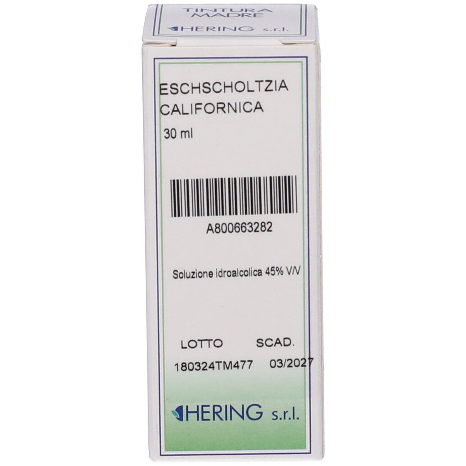 Confezione in cartone con nome del prodotto: Eschscholtzia Californica. Volume: 30 ml. Scadenza: 03/2027. Logo del produttore.