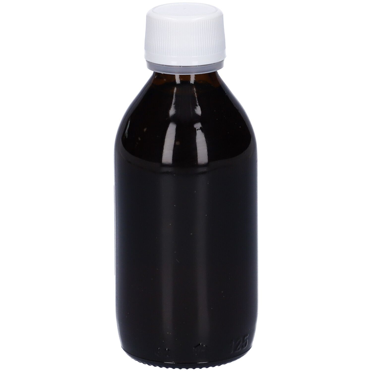 Flacone di vetro marrone con tappo bianco. Liquido.