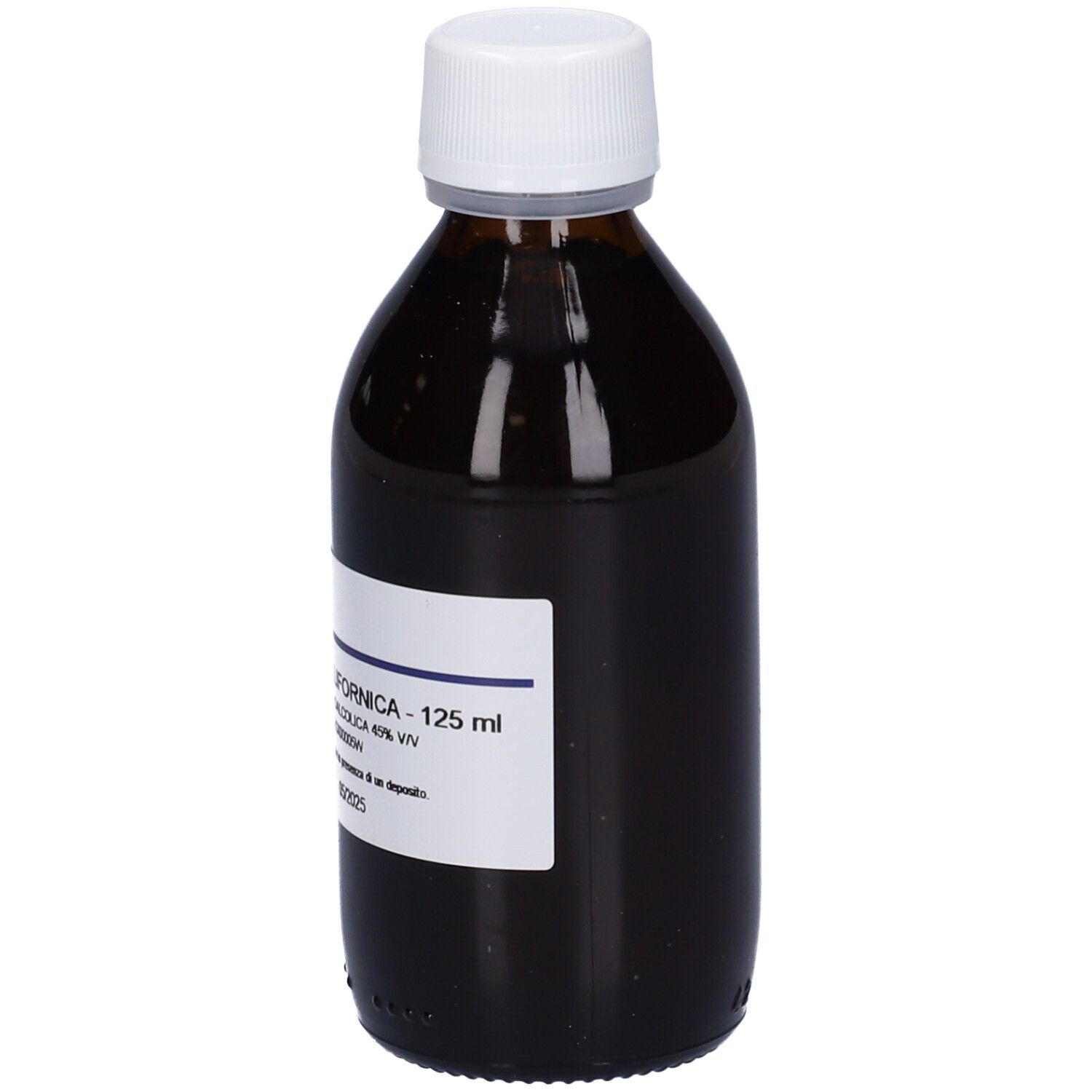 Flacone di vetro marrone con tappo bianco. Etichetta con testo. Liquido.