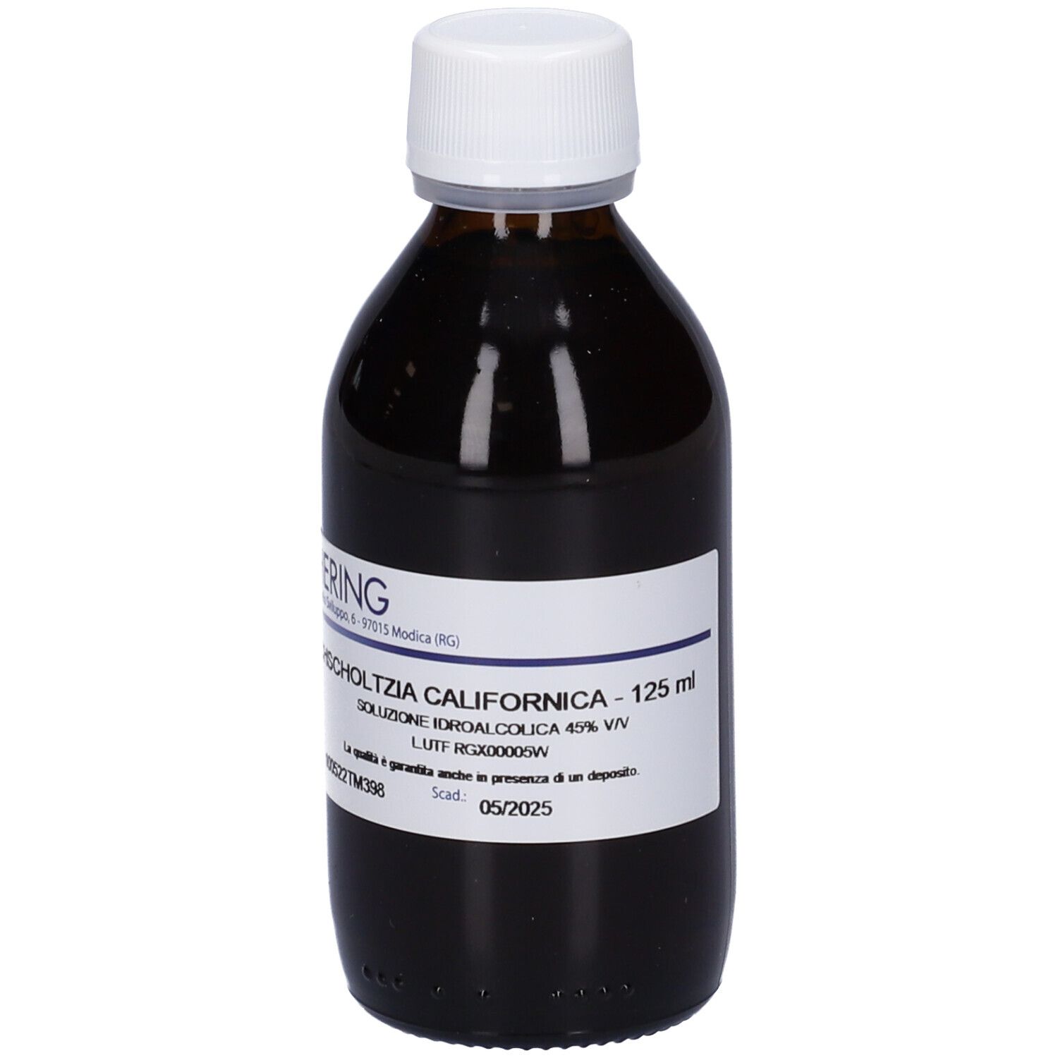 Flacone di vetro marrone con tappo bianco. Etichetta con testo. Logo HERING. Liquido.