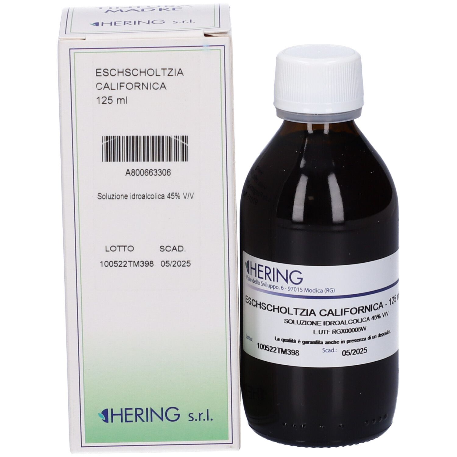 Flacone di vetro marrone con tappo bianco e scatola. Etichetta con testo. Logo HERING. Liquido.