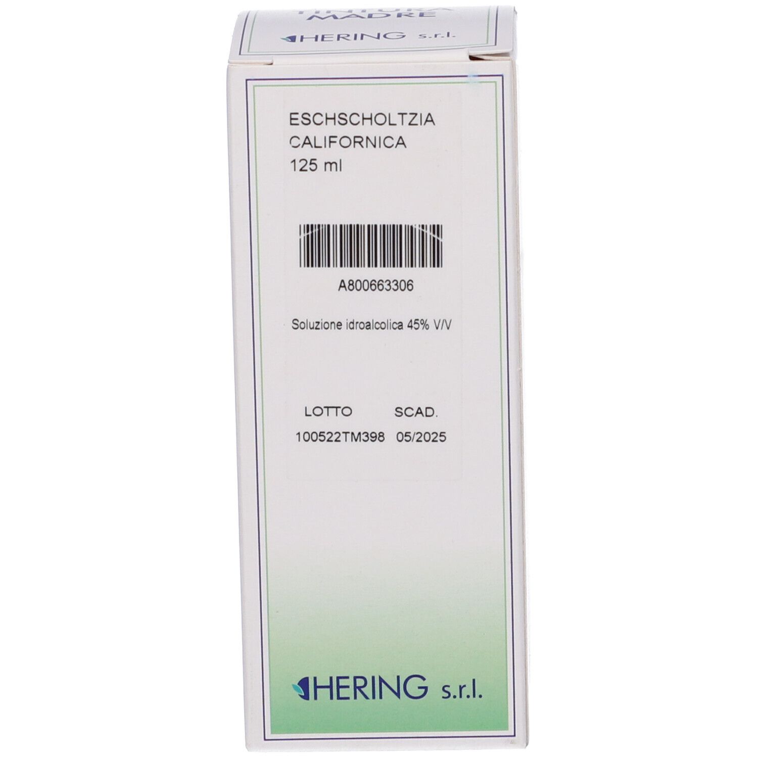 Scatola bianca con testo. Logo HERING. Scritta: ESCHSCHOLTZIA CALIFORNICA.