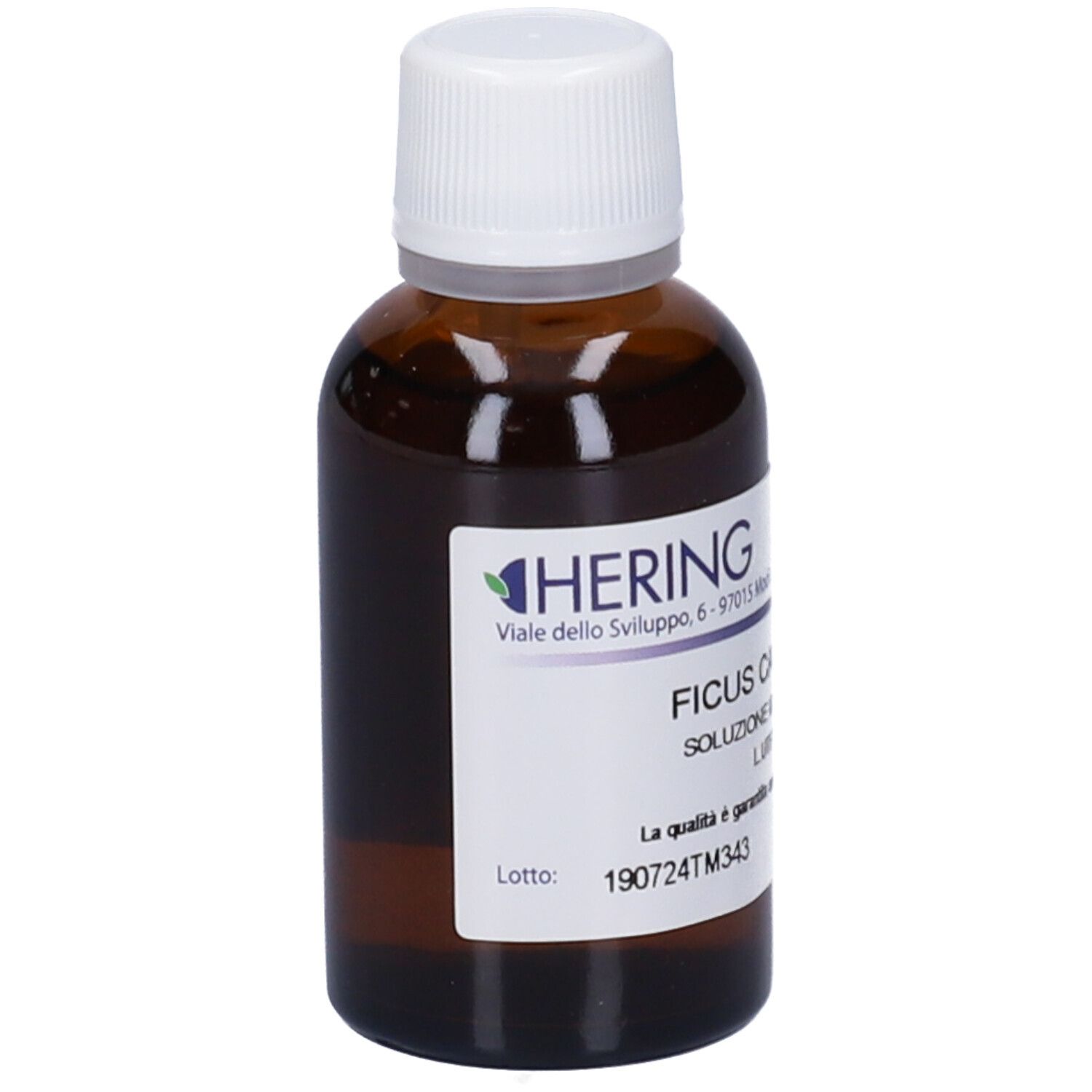 Flacone di vetro marrone con tappo bianco ed etichetta. Scritta: Hering, Ficus Carica, 30 ml, Soluzione Idroalcolica 65% V/V.