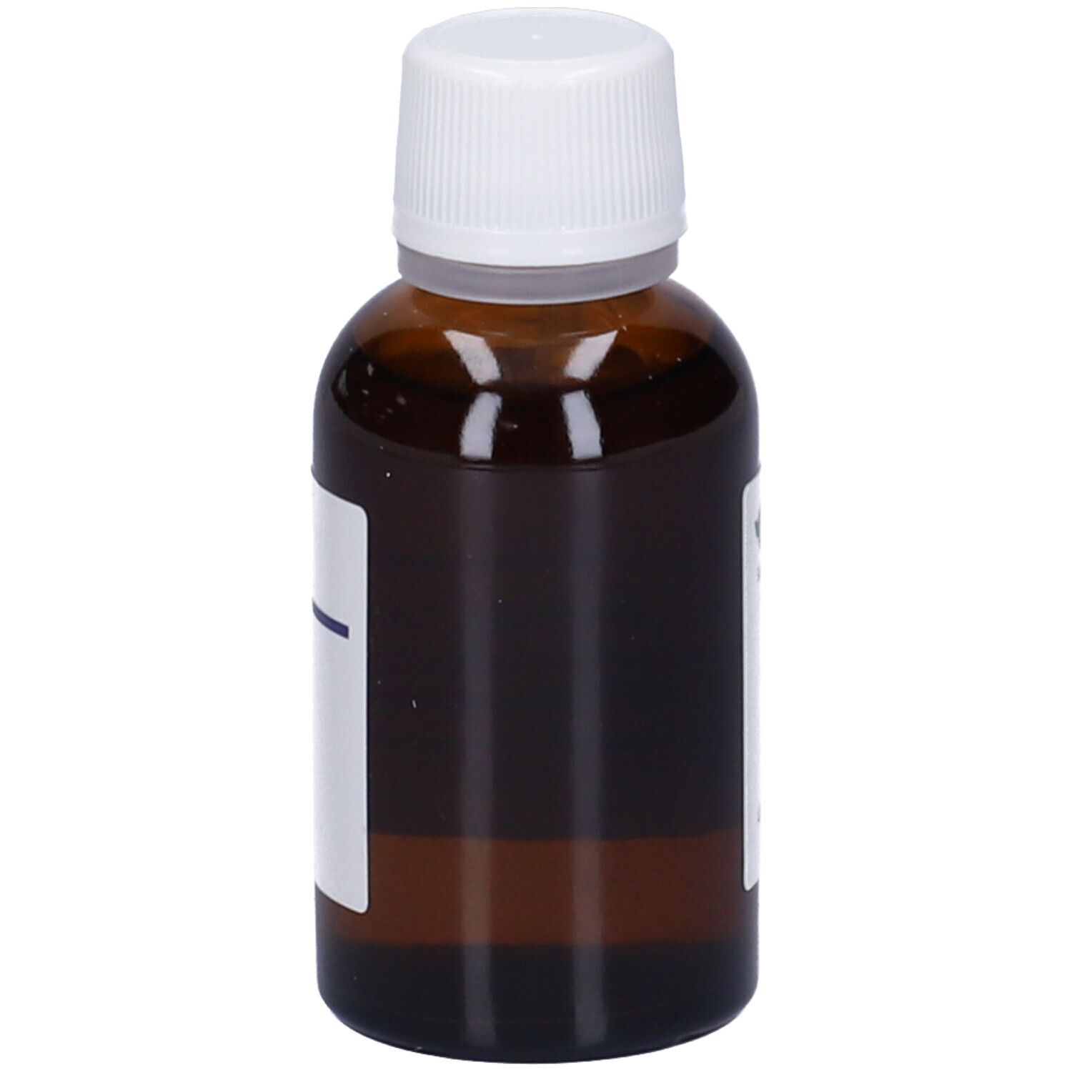 Flacone di vetro marrone con tappo bianco. Etichetta parzialmente visibile. Nessun altro dettaglio visibile.