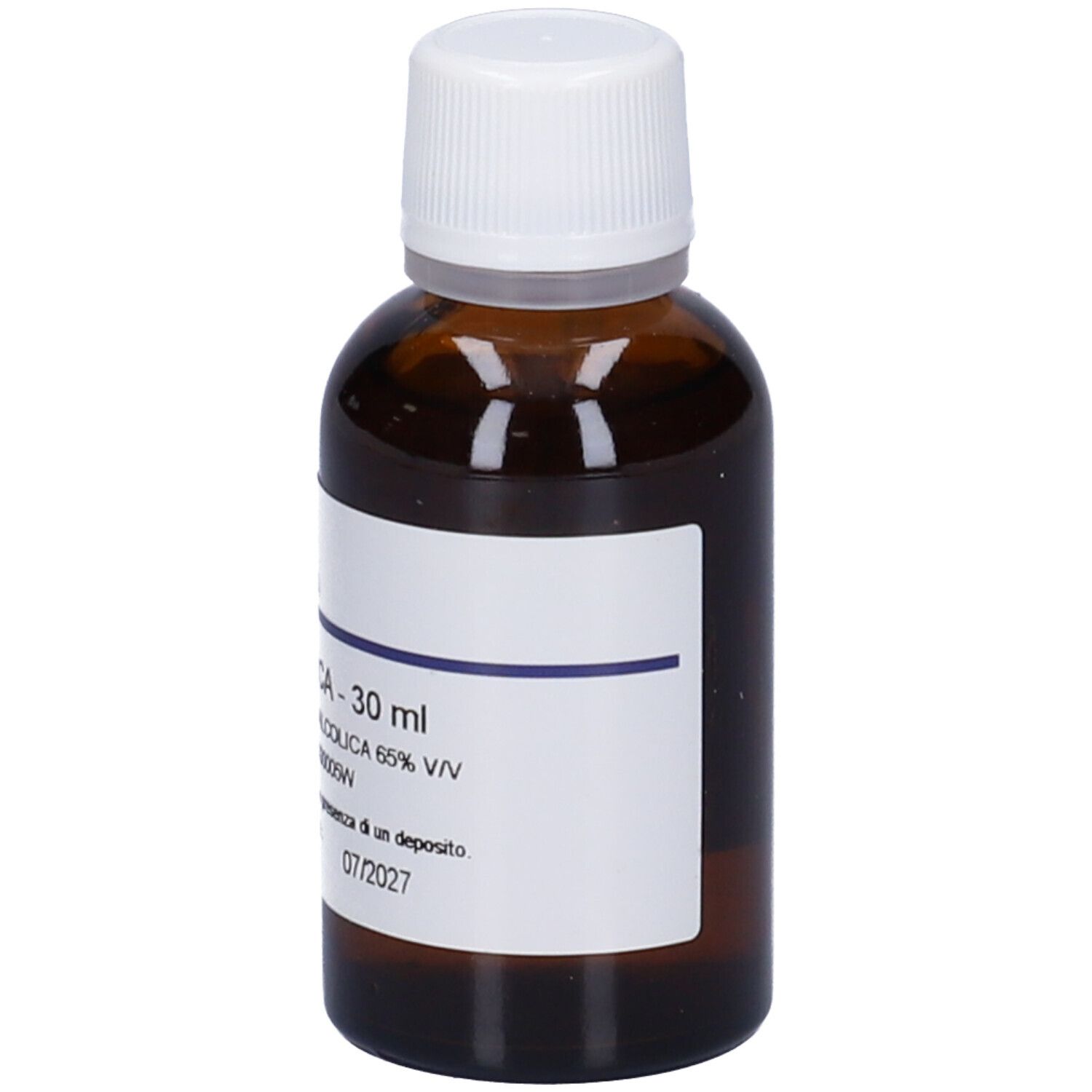 Flacone di vetro marrone con tappo bianco ed etichetta. Scritta: Ficus Carica, 30 ml, Soluzione Idroalcolica 65% V/V, Scadenza 07/2027.