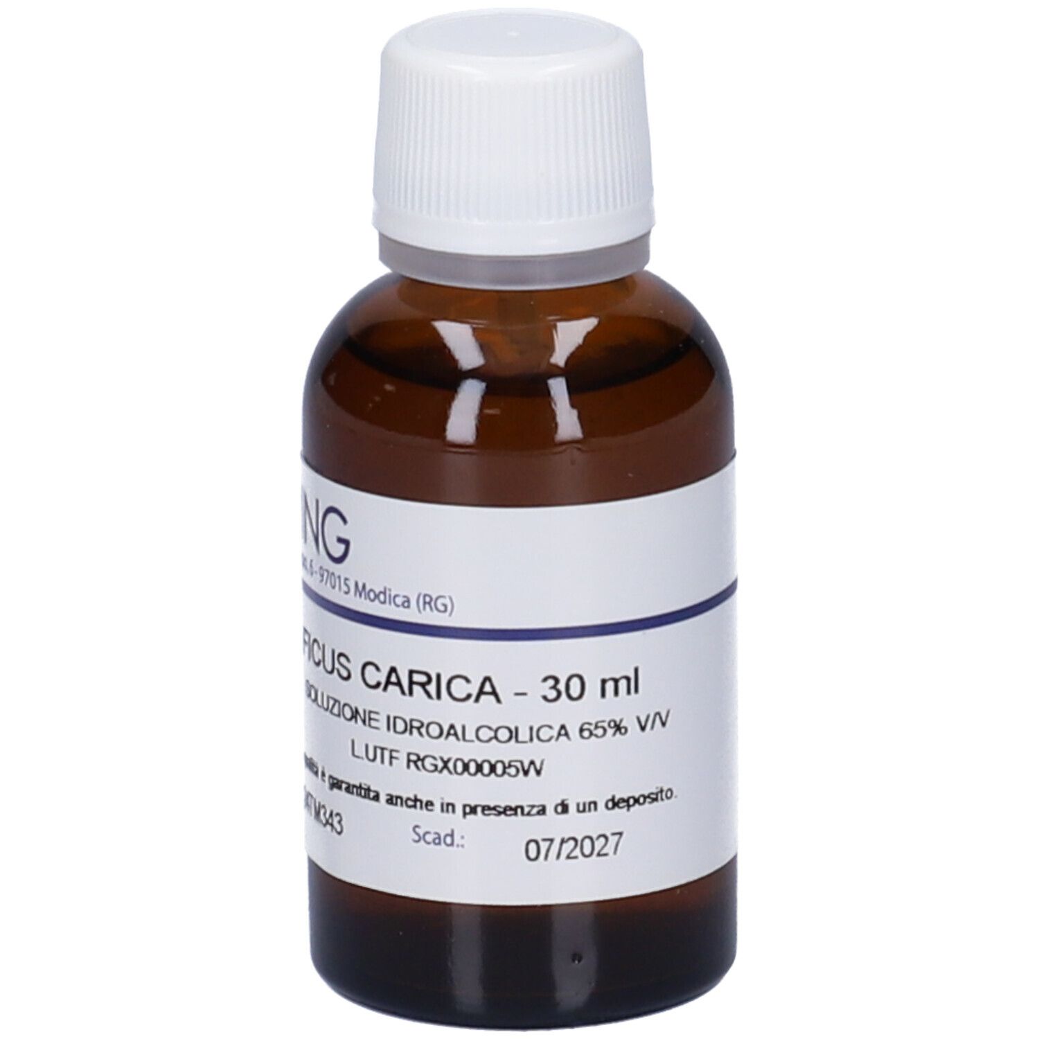 Flacone di vetro marrone con tappo bianco ed etichetta. Scritta: Ficus Carica, 30 ml, Soluzione Idroalcolica 65% V/V, Scadenza 07/2027.