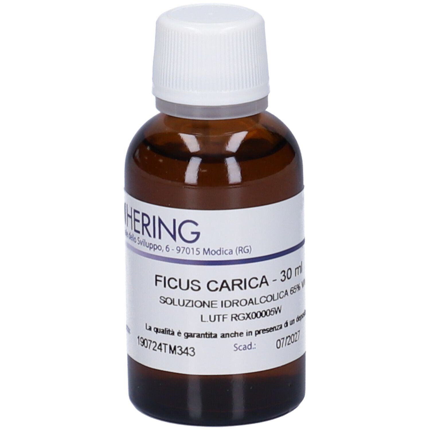 Flacone di vetro marrone con tappo bianco ed etichetta. Scritta: Ficus Carica, 30 ml, Soluzione Idroalcolica 65% V/V, Scadenza 07/2027.