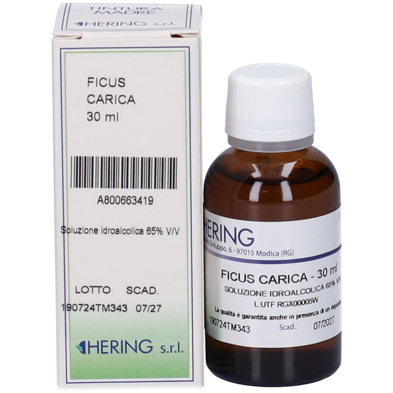 Confezione del prodotto con flacone e scatola. Flacone: vetro marrone, tappo bianco, etichetta. Scatola: bianca, scritta: Ficus Carica, 30 ml.