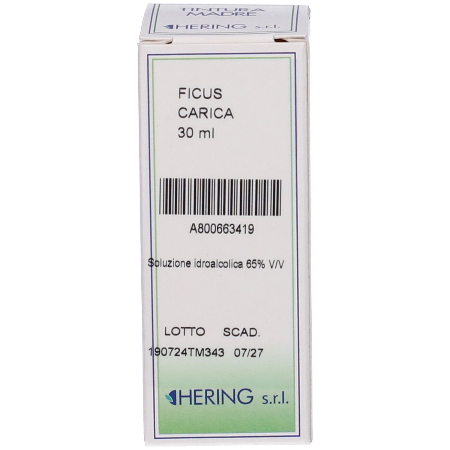 Confezione bianca con scritta: Ficus Carica, 30 ml, Soluzione Idroalcolica 65% V/V, Scadenza 07/27. Marchio: Hering.