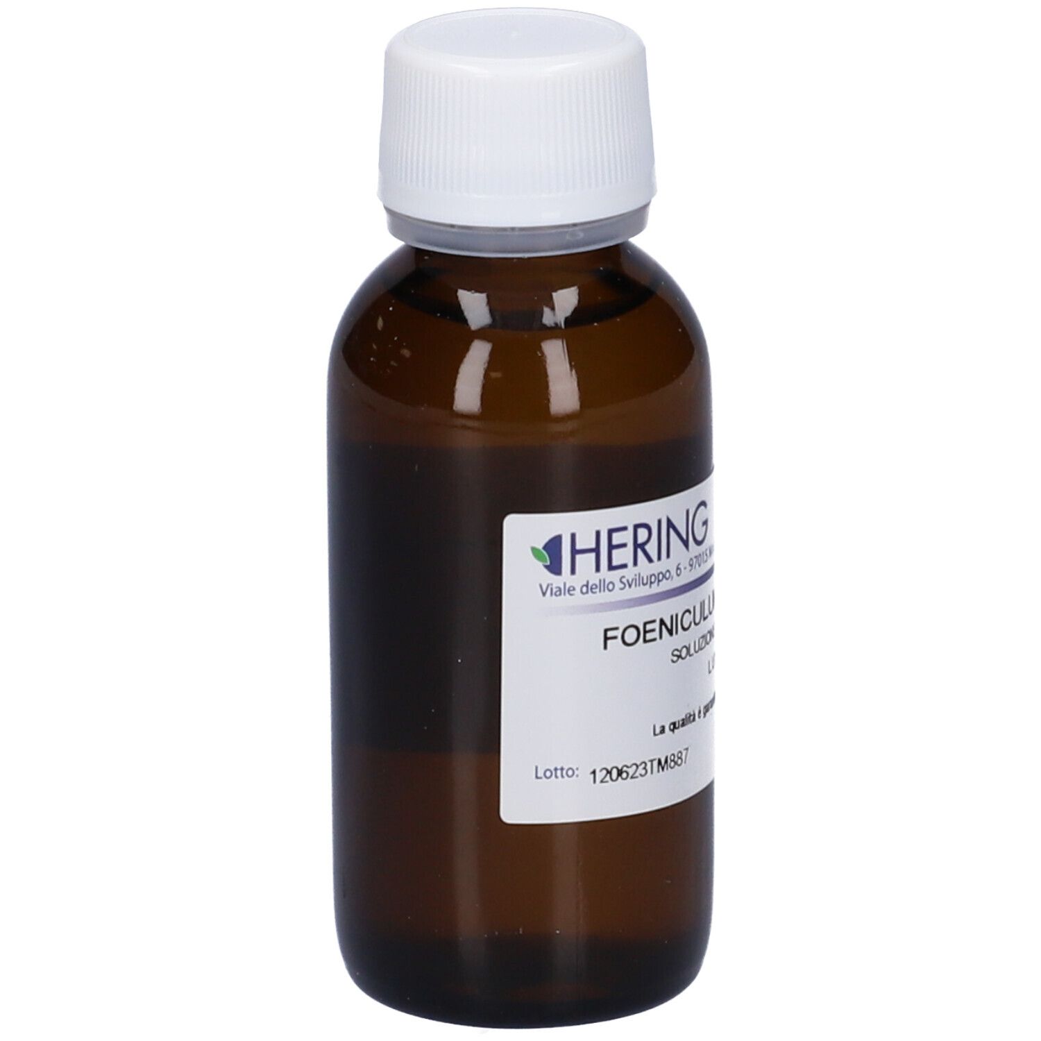 Flacone di vetro marrone con tappo bianco ed etichetta. Scritta: FOENICULUM VULGARE, 60 ml. Marchio HERING.